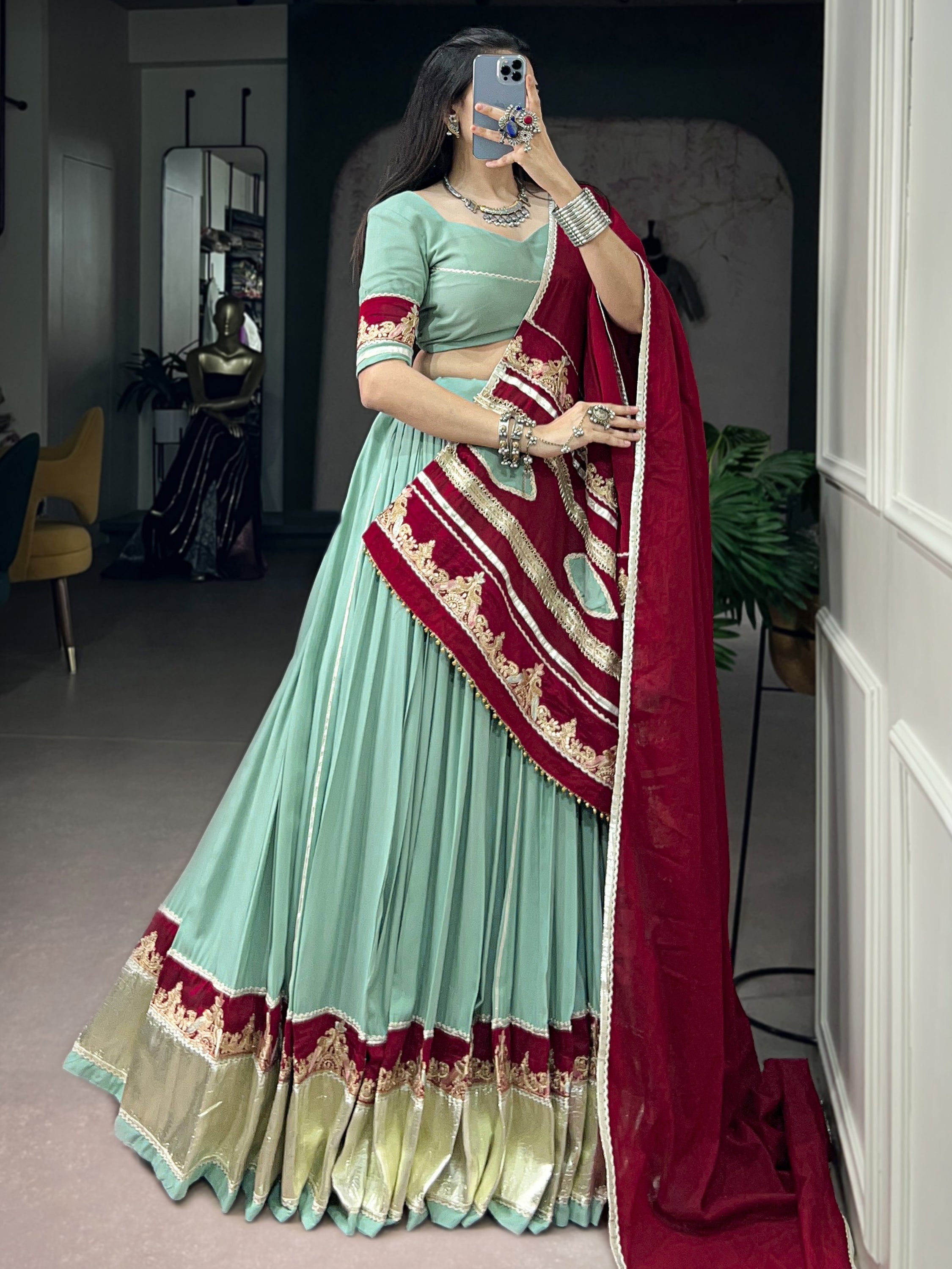 Great Mint Green Thread Work Rayon Navratri Lehenga Choli With Dupatta