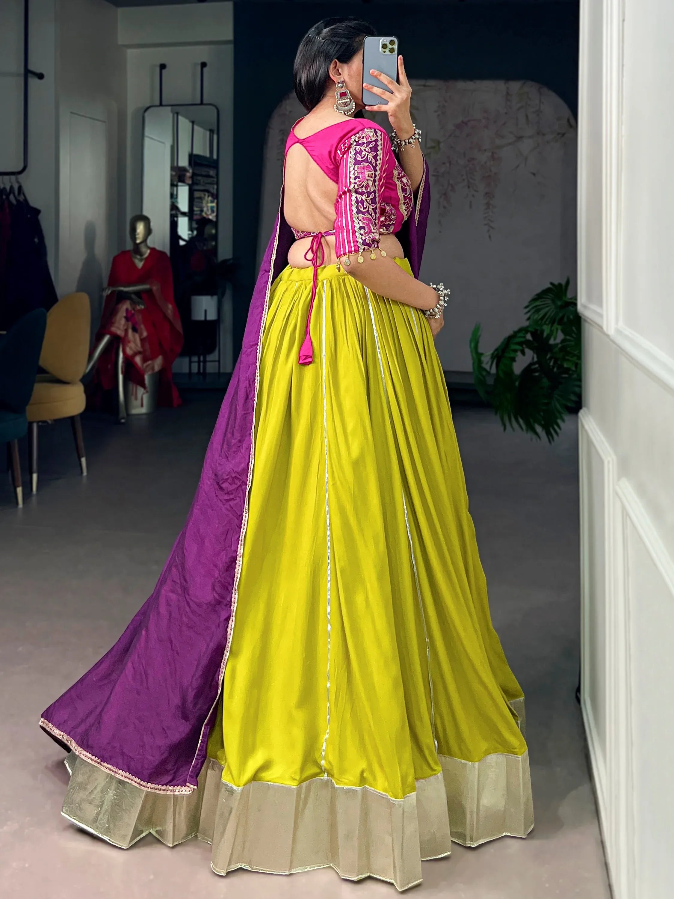 Awesome Yellow Lace Work Rayon Navratri Wear Lehenga With Blouse