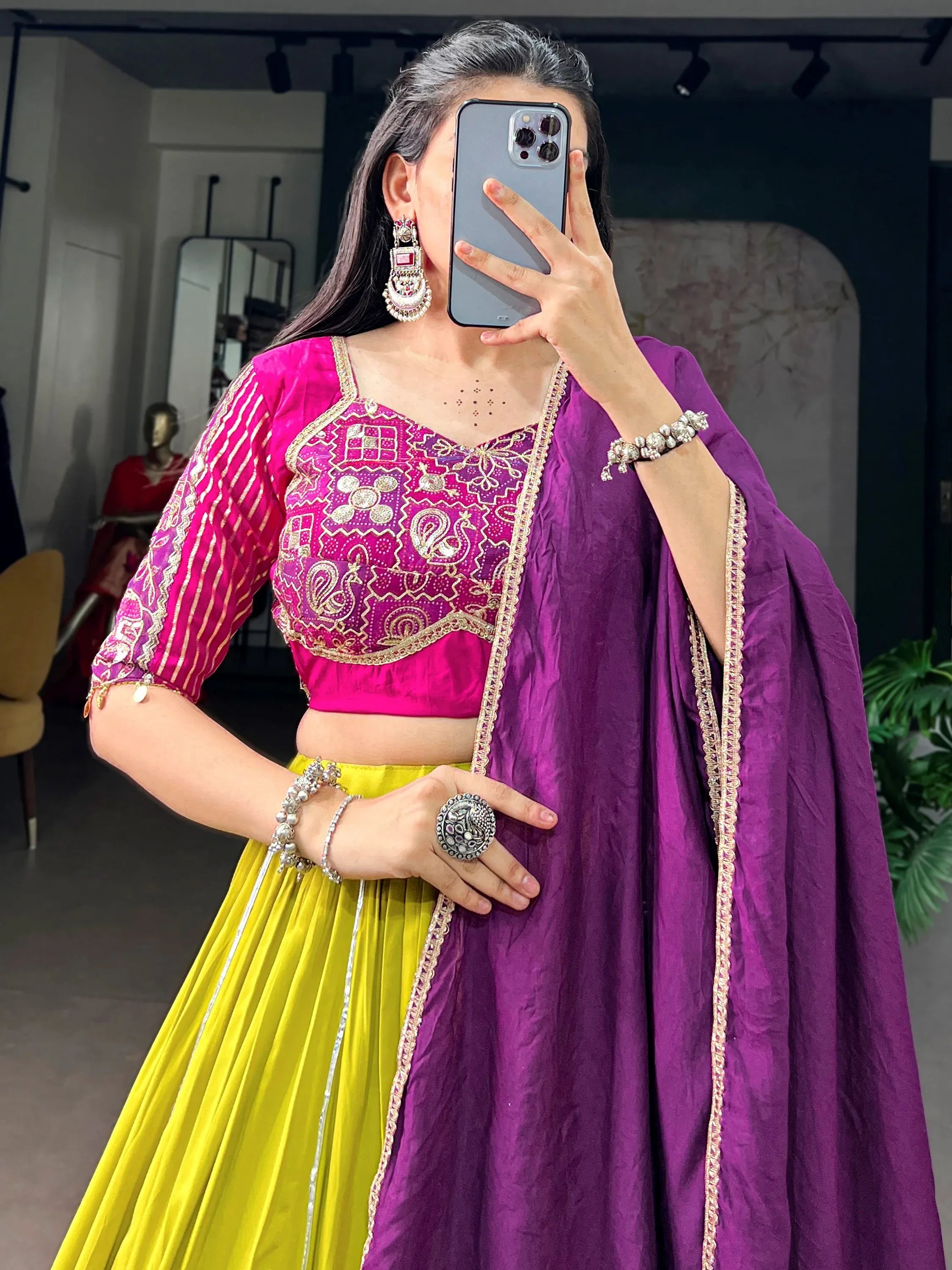 Awesome Yellow Lace Work Rayon Navratri Wear Lehenga With Blouse