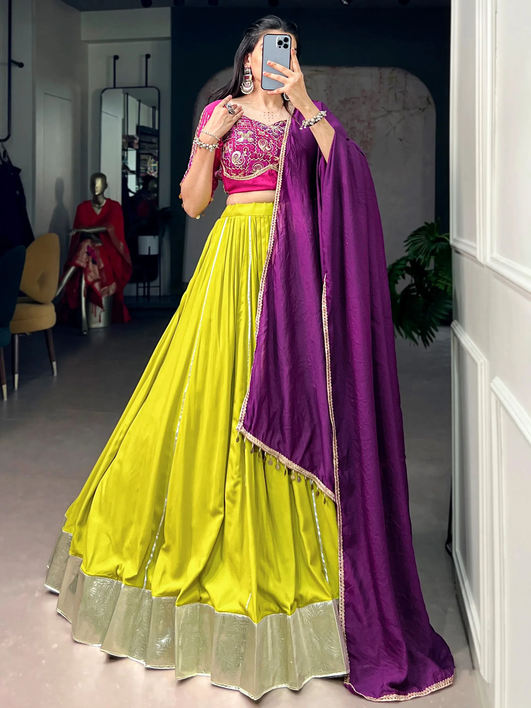 Awesome Yellow Lace Work Rayon Navratri Wear Lehenga With Blouse
