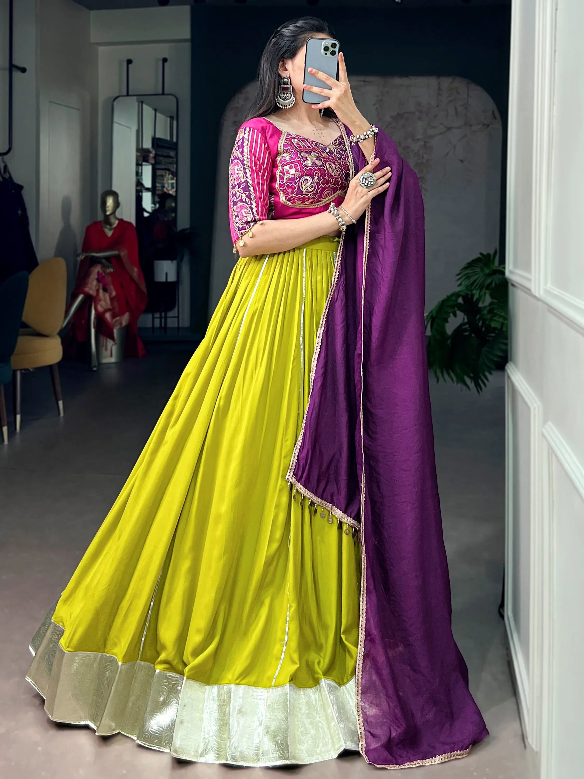 Awesome Yellow Lace Work Rayon Navratri Wear Lehenga With Blouse