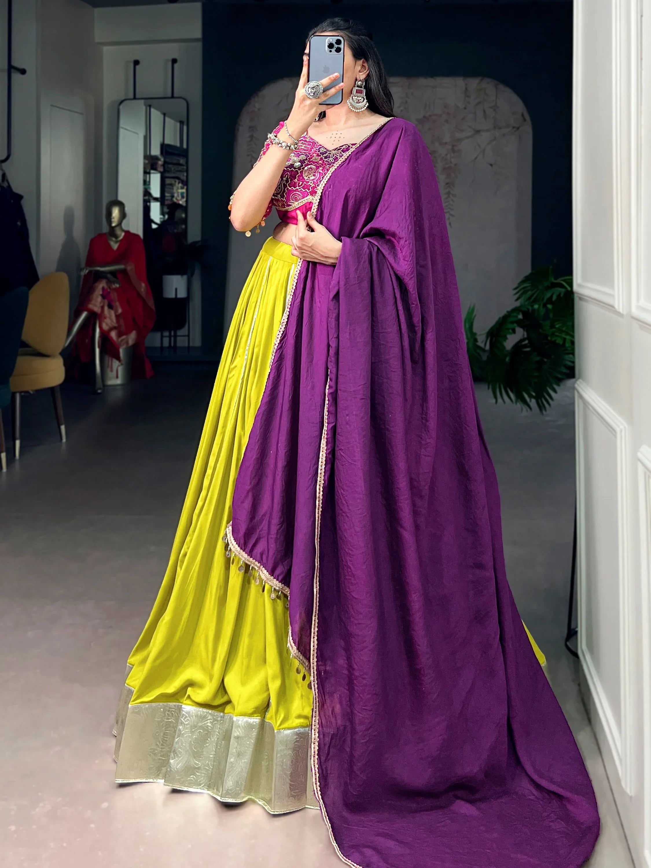 Awesome Yellow Lace Work Rayon Navratri Wear Lehenga With Blouse