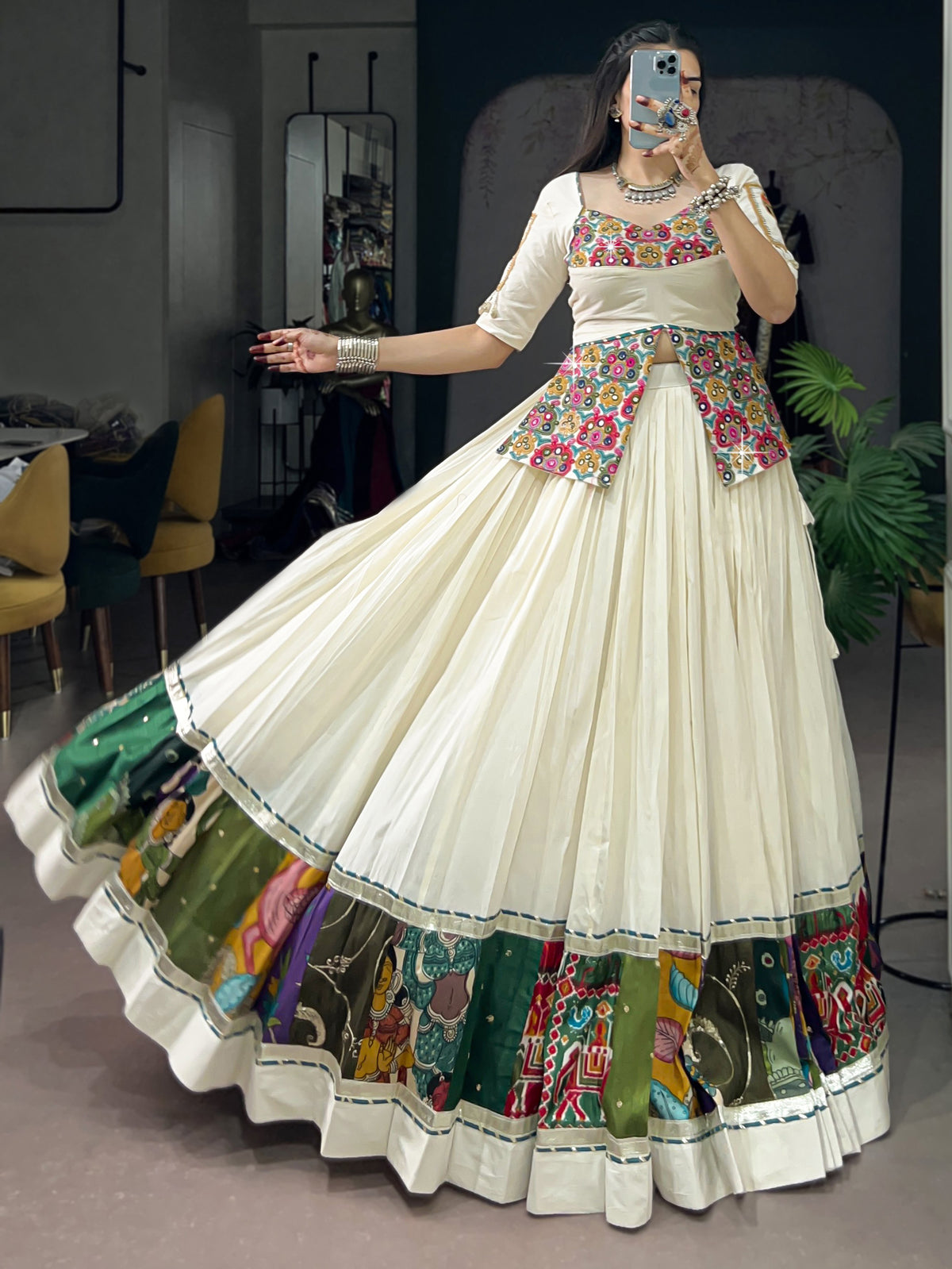 Aesthetic White Cotton Navratri Wear Lehenga With Gamthi Work Choli