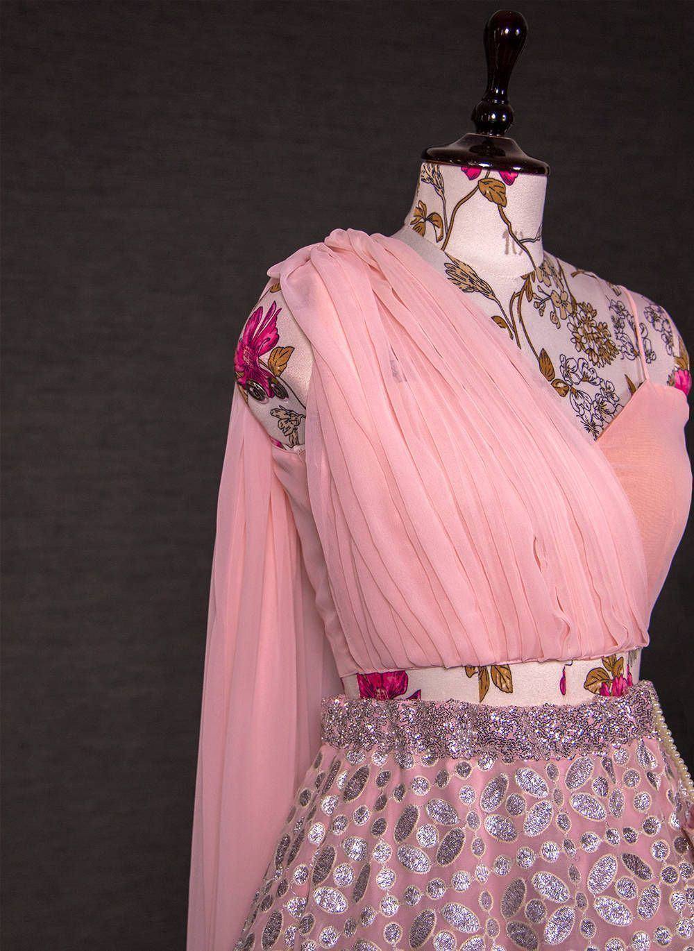 Pink floral lehenga choli with pleated dupatta and sequin skirt, Indian ethnic wear