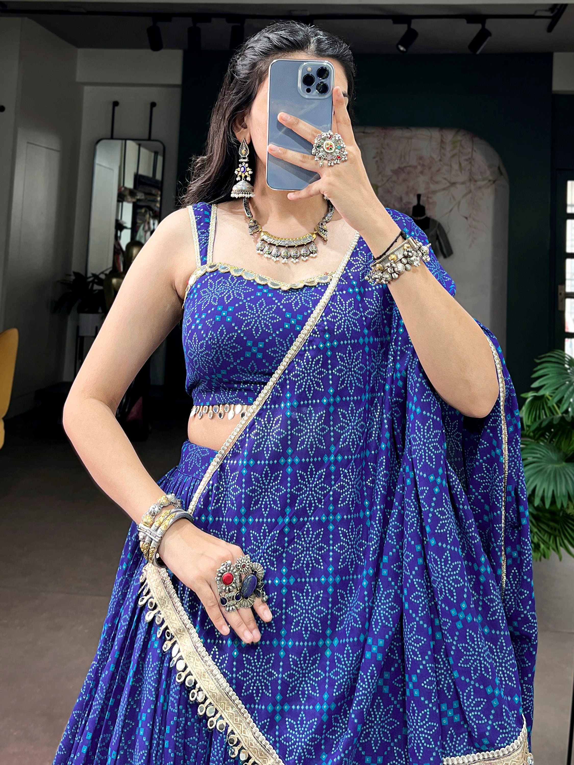 Tremendous Blue Bandhej Printed Georgette Navratri Wear Lehenga Choli