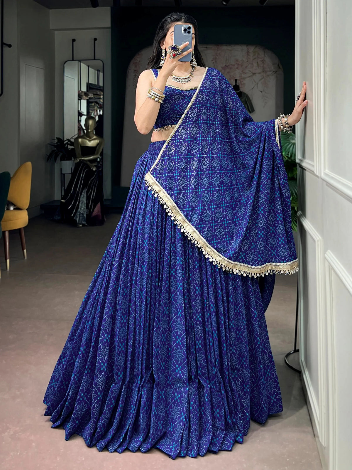 Tremendous Blue Bandhej Printed Georgette Navratri Wear Lehenga Choli