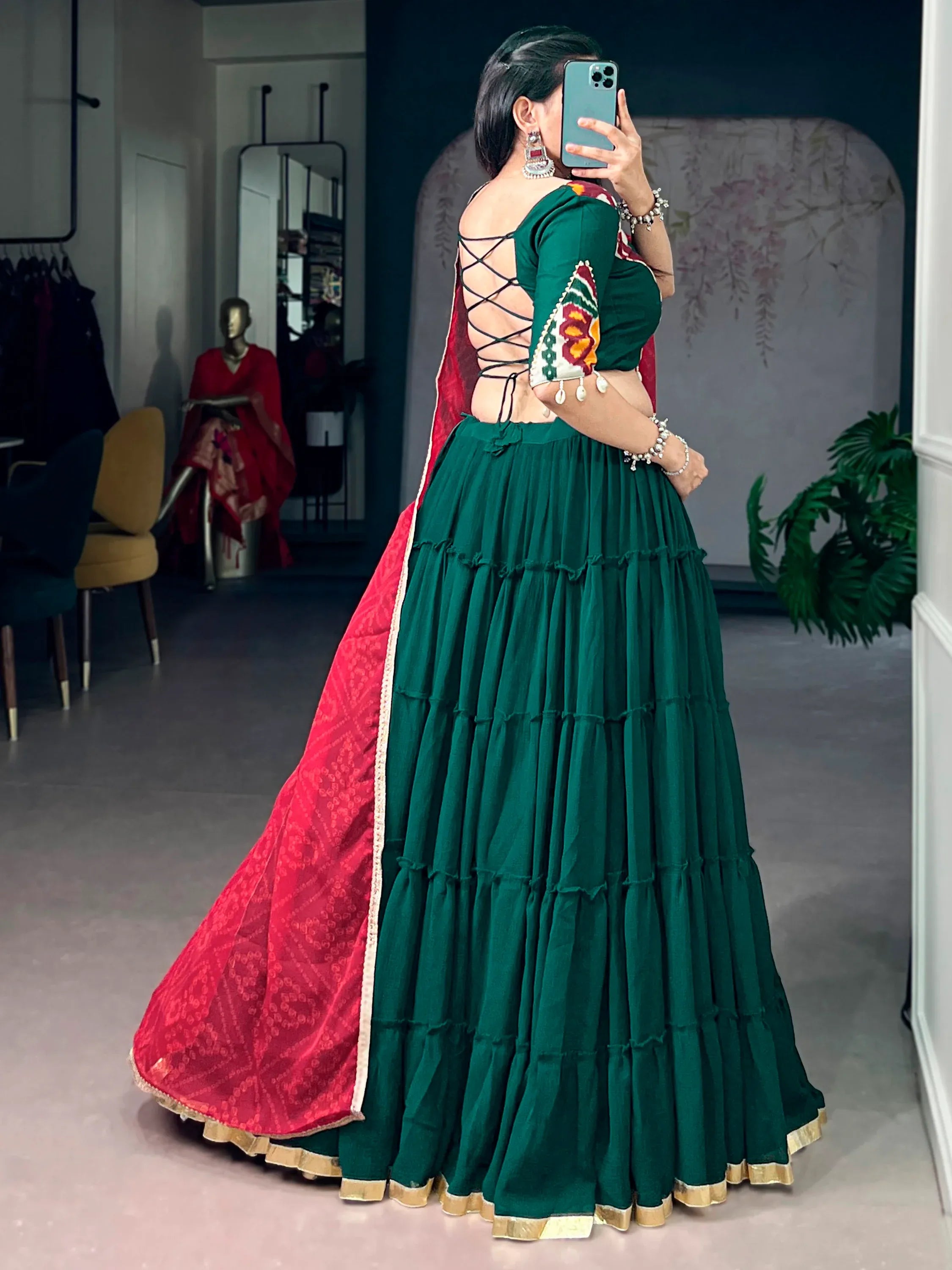 Excellent Green Georgette Navratri Wear Lehenga With Printed Blouse