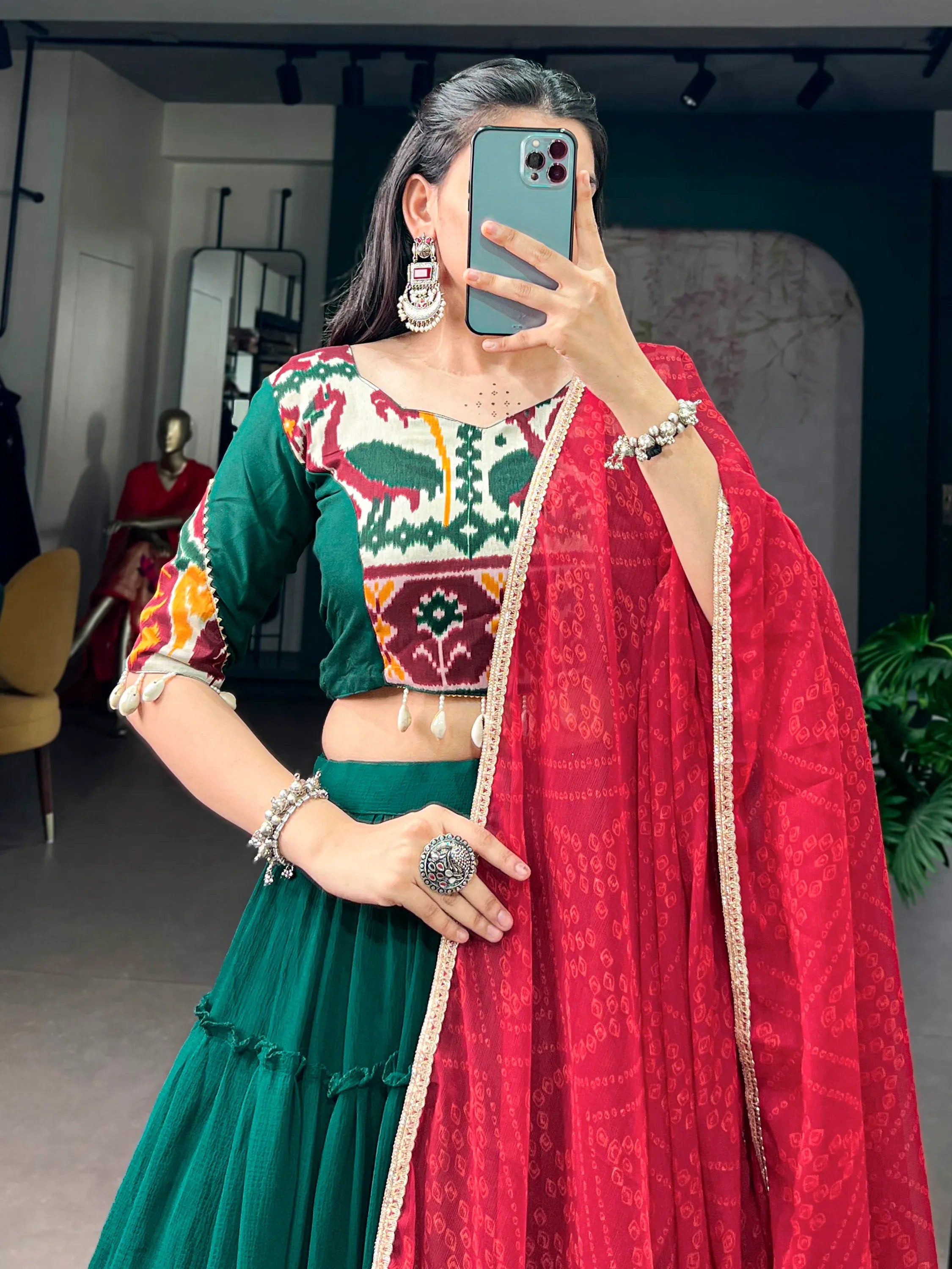 Excellent Green Georgette Navratri Wear Lehenga With Printed Blouse