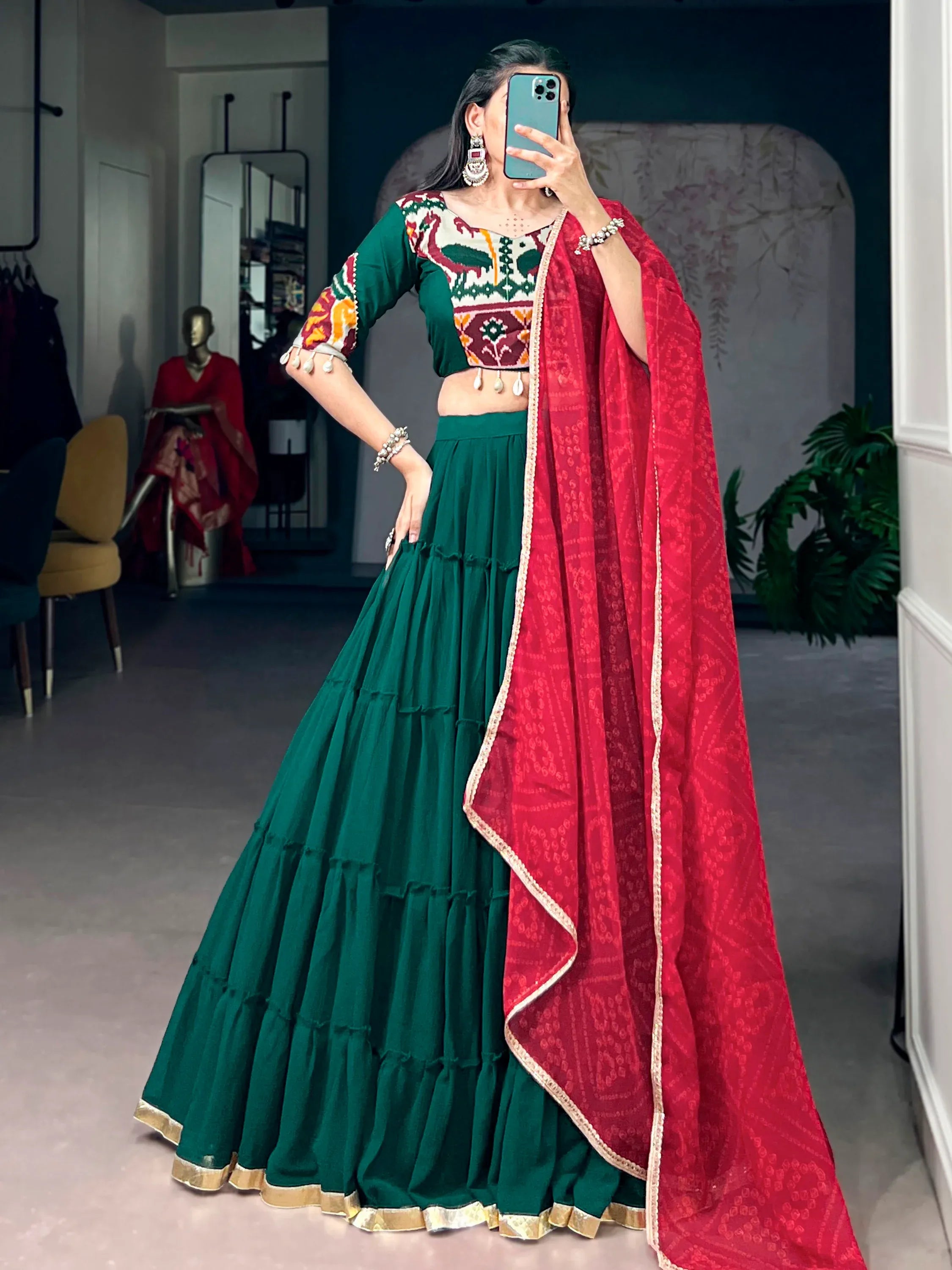 Excellent Green Georgette Navratri Wear Lehenga With Printed Blouse
