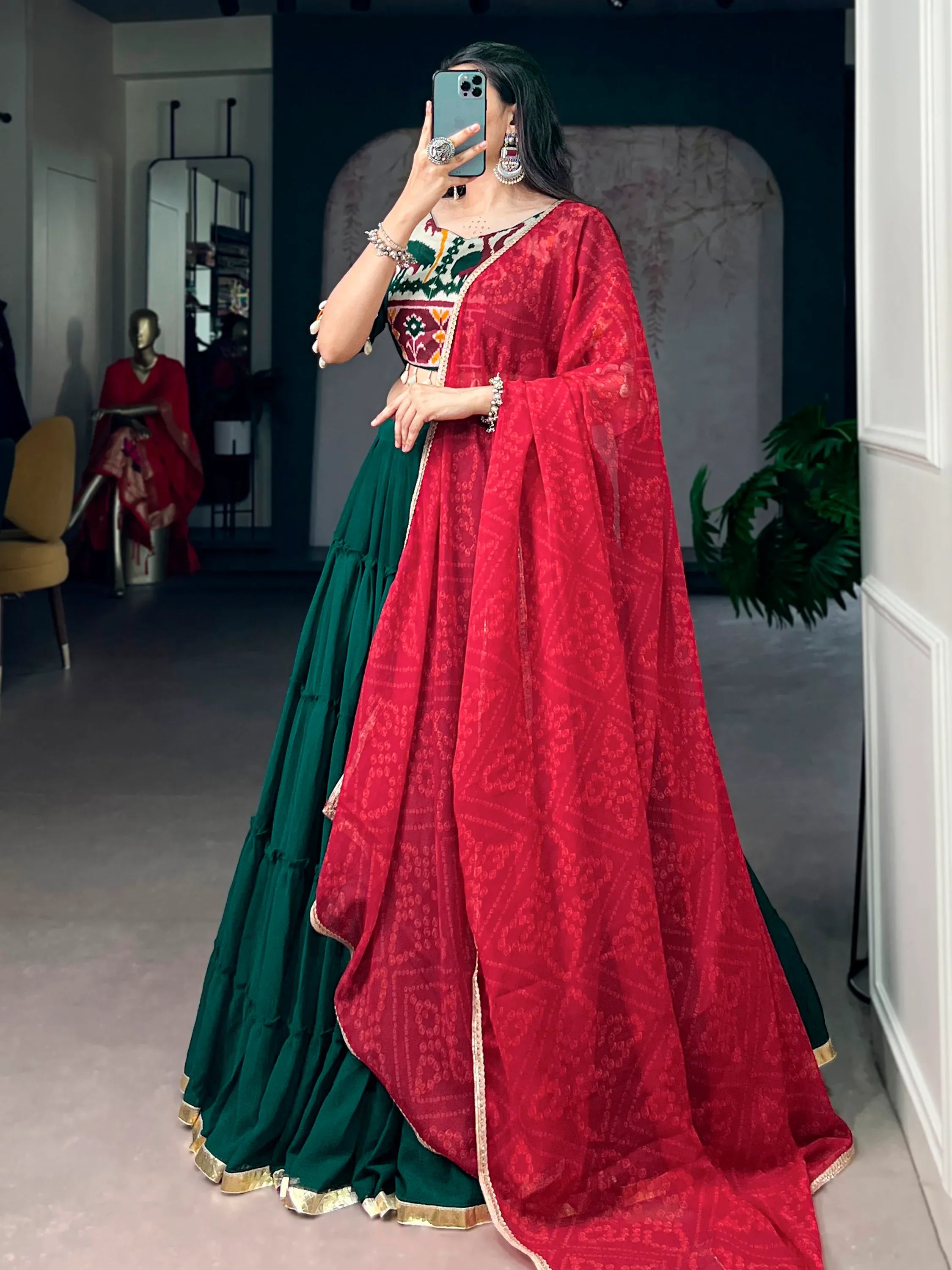 Excellent Green Georgette Navratri Wear Lehenga With Printed Blouse