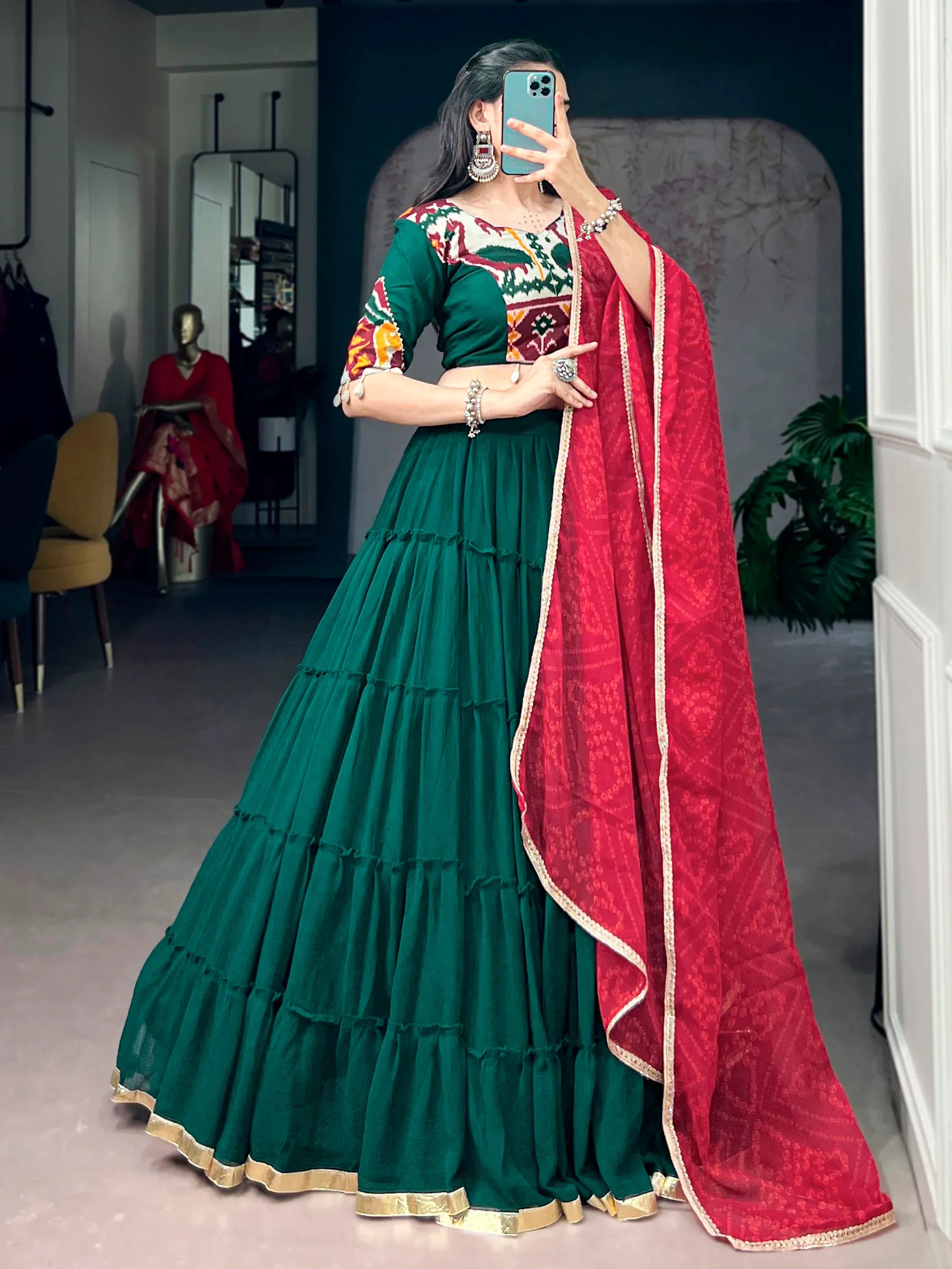 Excellent Green Georgette Navratri Wear Lehenga With Printed Blouse