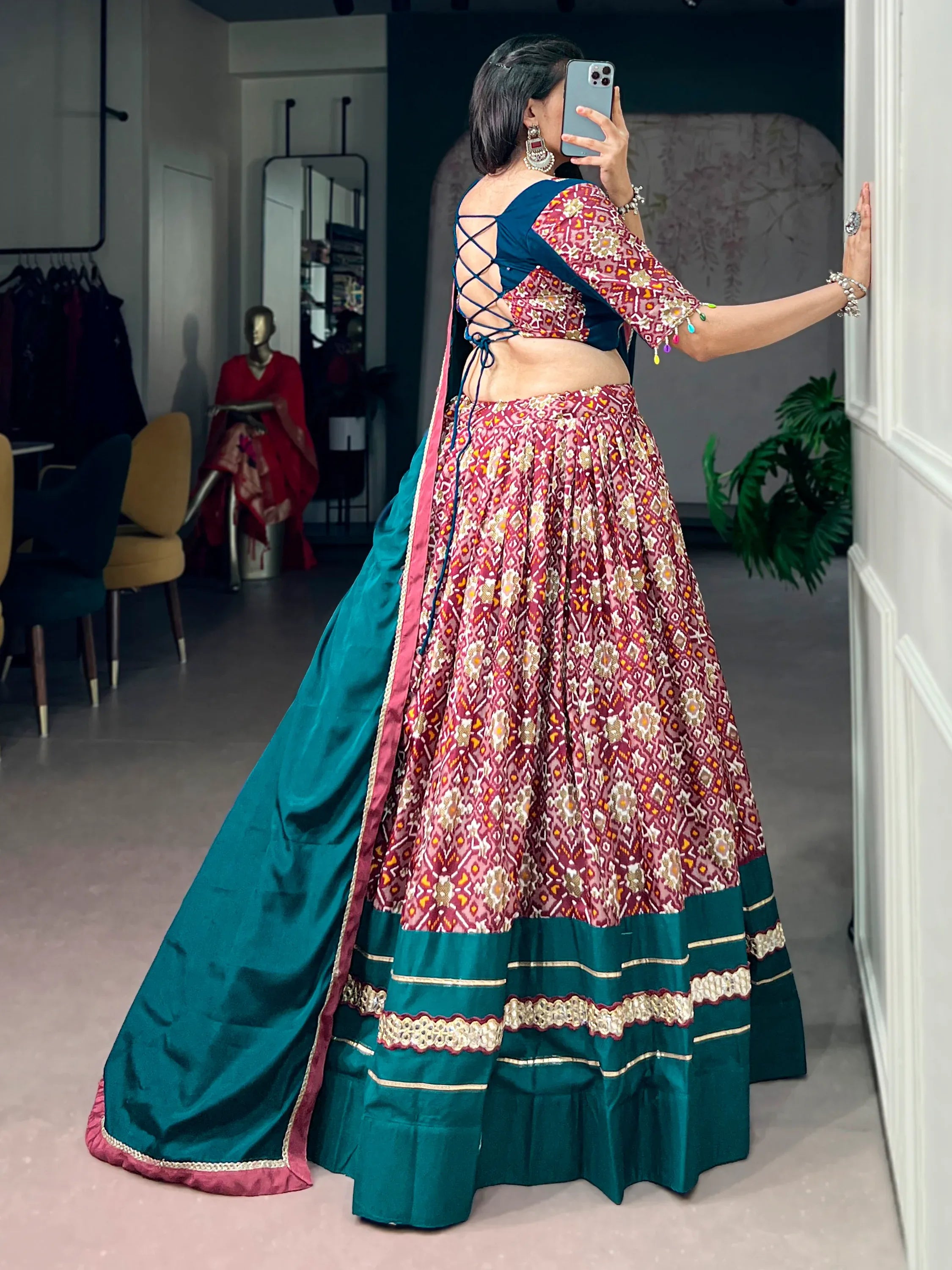 Stunning Teal Green Printed Silk Navratri Wear Lehenga Choli With Dupatta