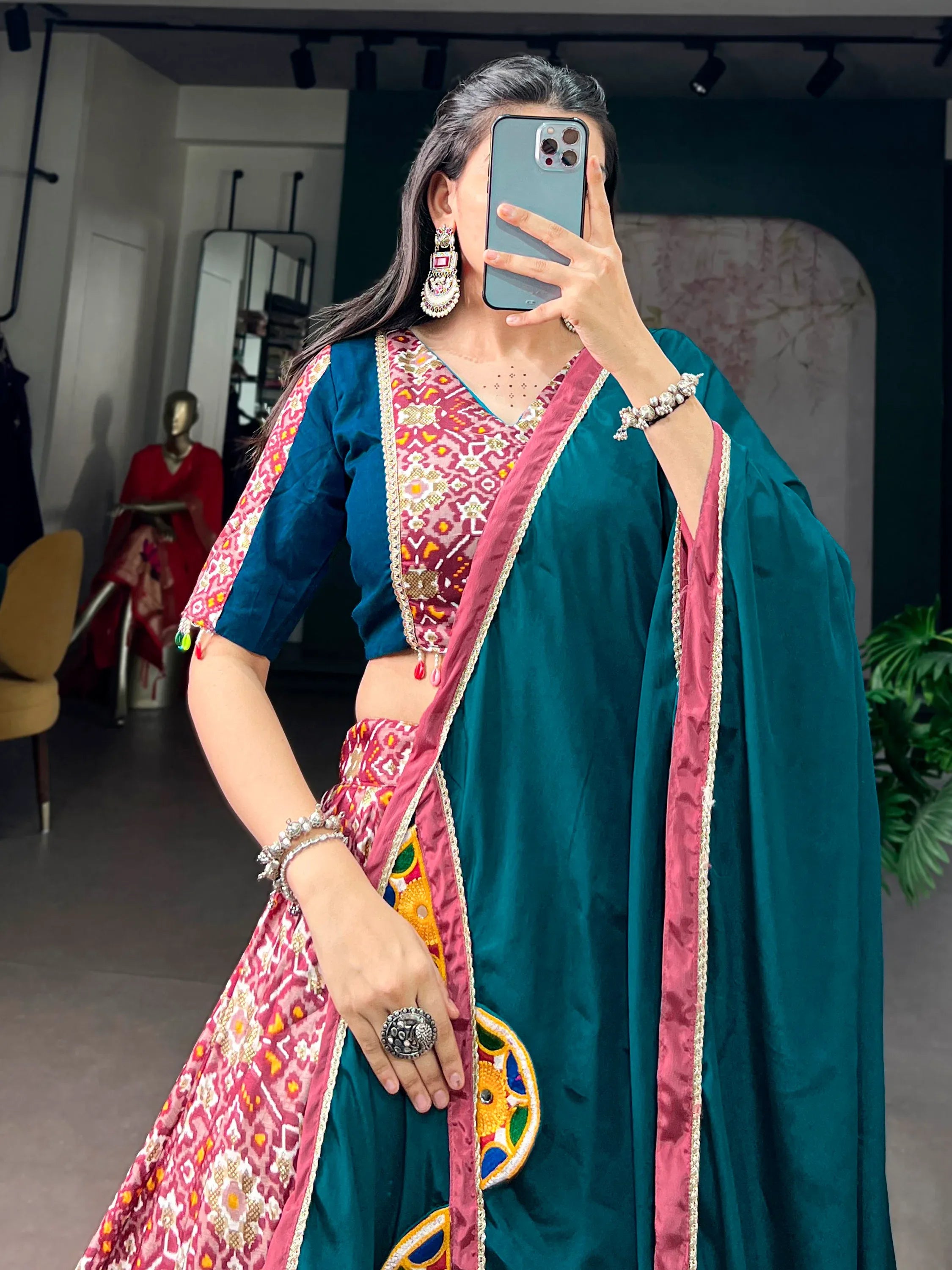 Stunning Teal Green Printed Silk Navratri Wear Lehenga Choli With Dupatta