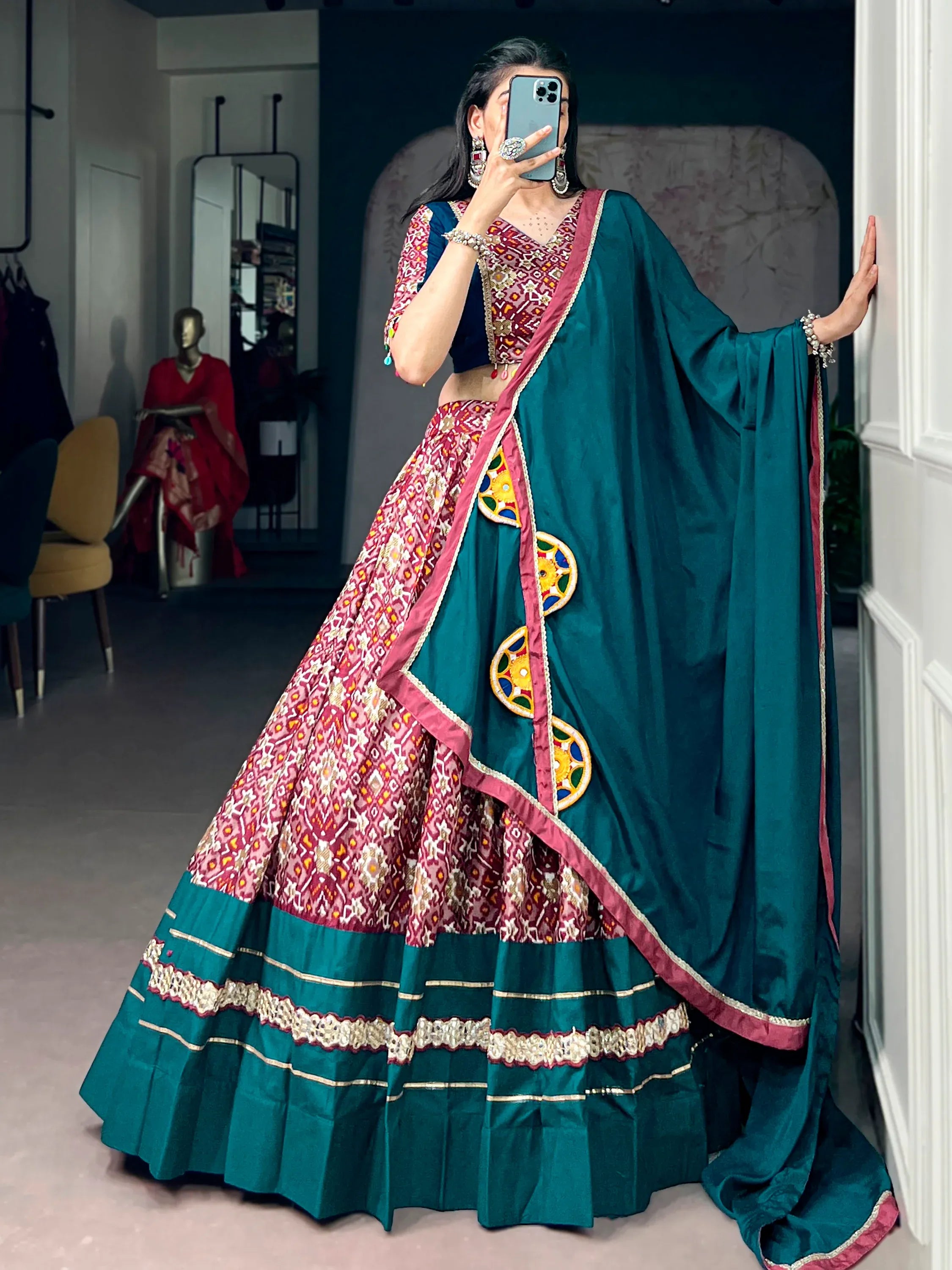 Stunning Teal Green Printed Silk Navratri Wear Lehenga Choli With Dupatta