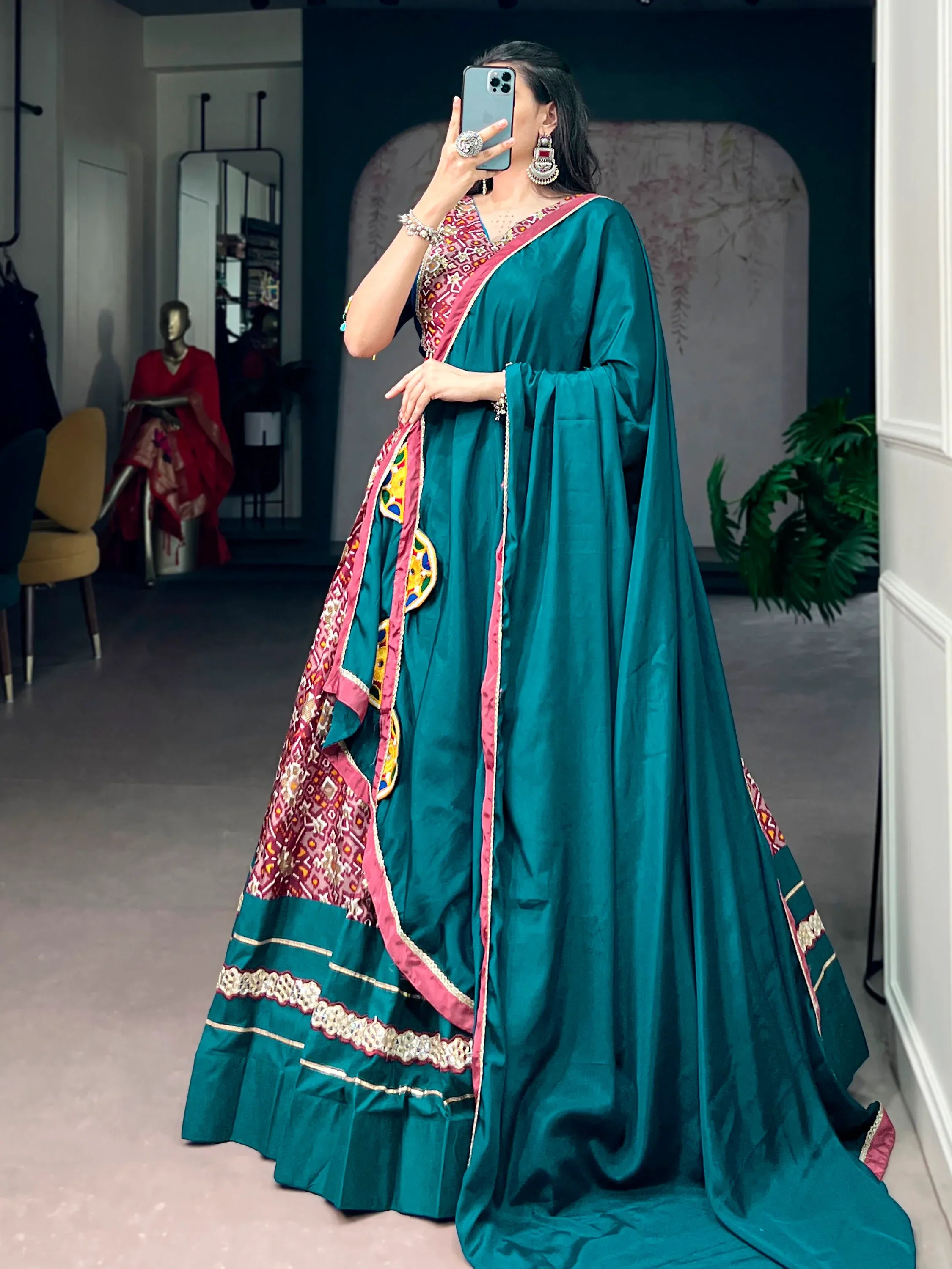 Stunning Teal Green Printed Silk Navratri Wear Lehenga Choli With Dupatta