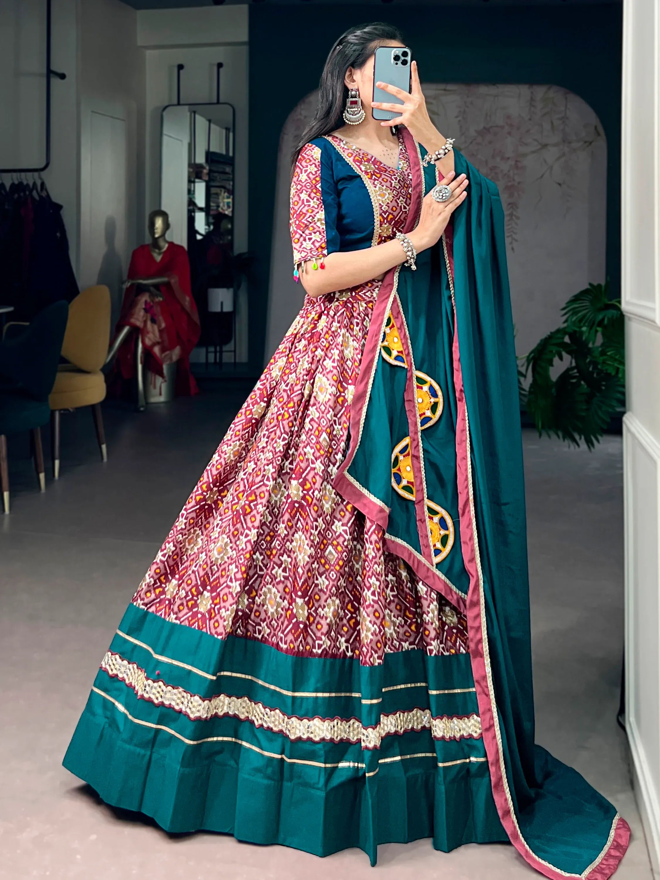 Stunning Teal Green Printed Silk Navratri Wear Lehenga Choli With Dupatta