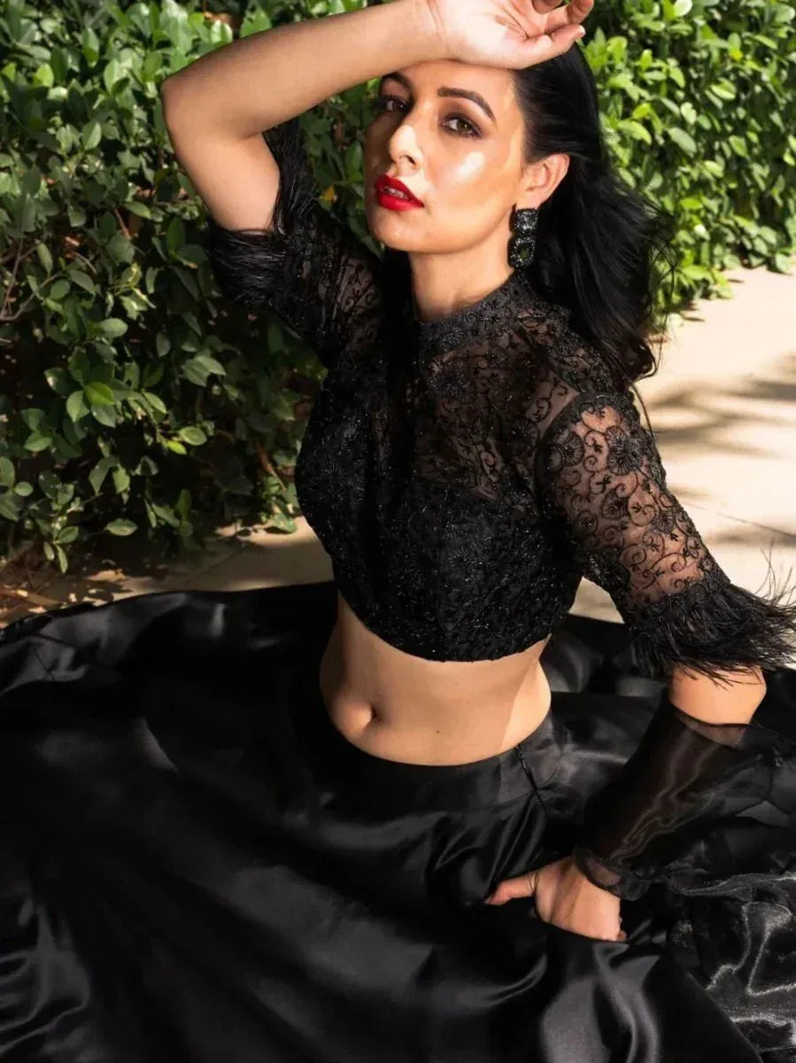 Black lace crop top with sheer sleeves and satin skirt, ethnic wear for women