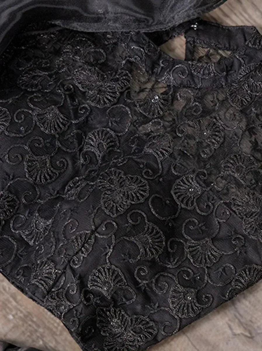 Black embroidered ethnic blouse with floral lace detailing, perfect for lehenga or saree
