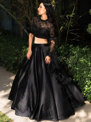Marvelous Black Zari Embroidery Satin Ready Made Crop Top Lehenga