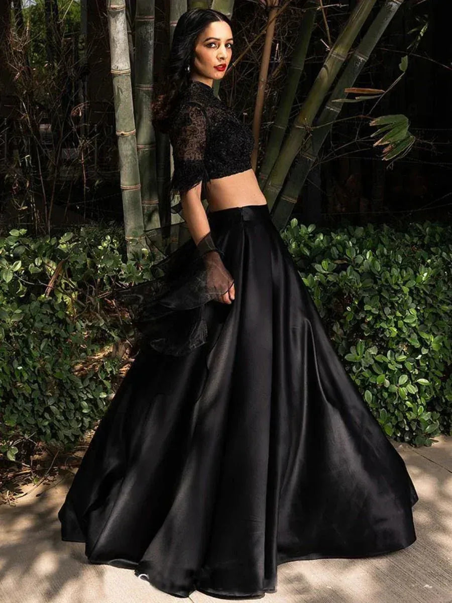 Black lace crop top with satin lehenga skirt, ethnic wear for women