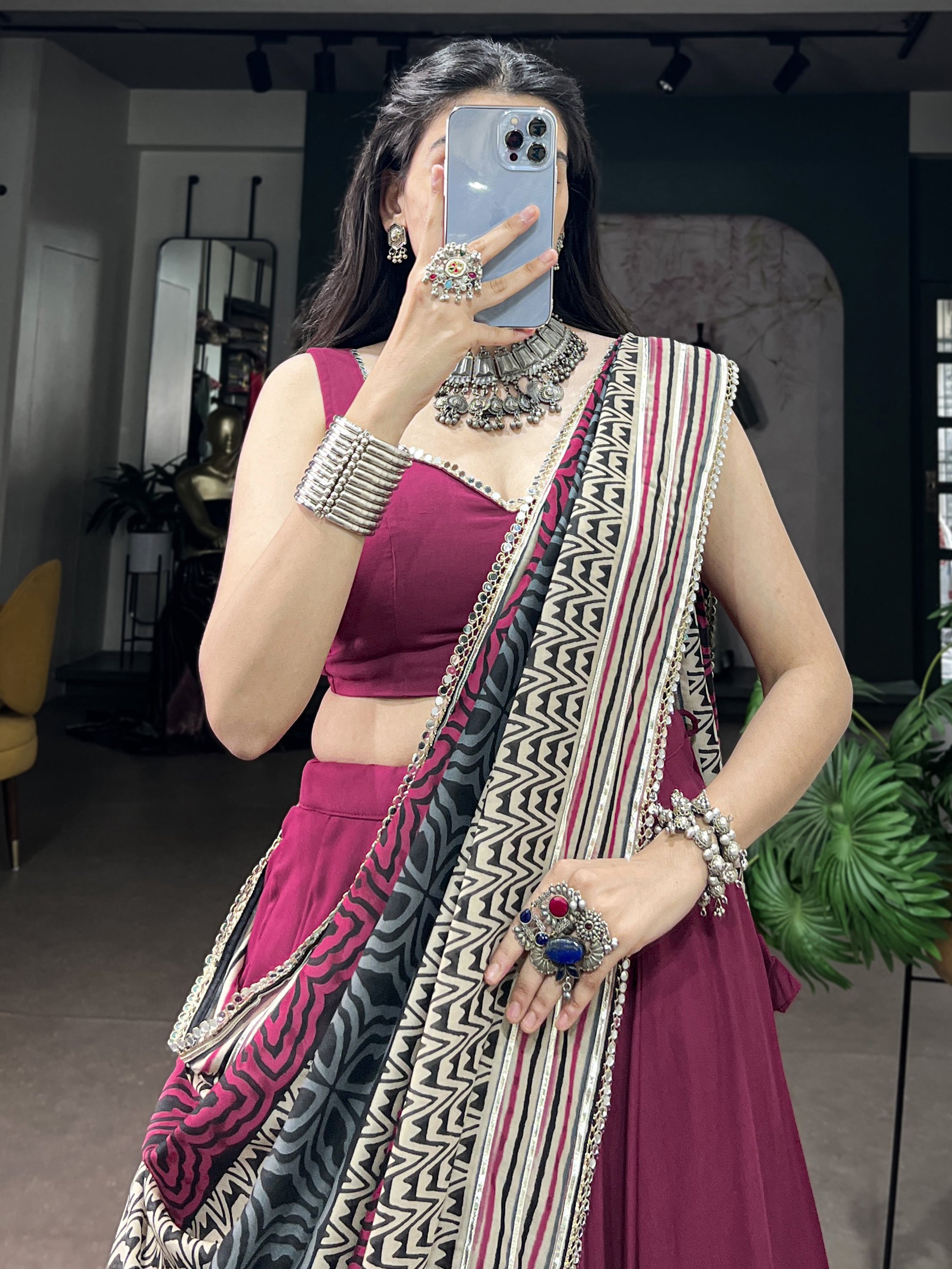 Elegant Maroon Rayon Navratri Lehenga Choli With Mirror Laced Dupatta