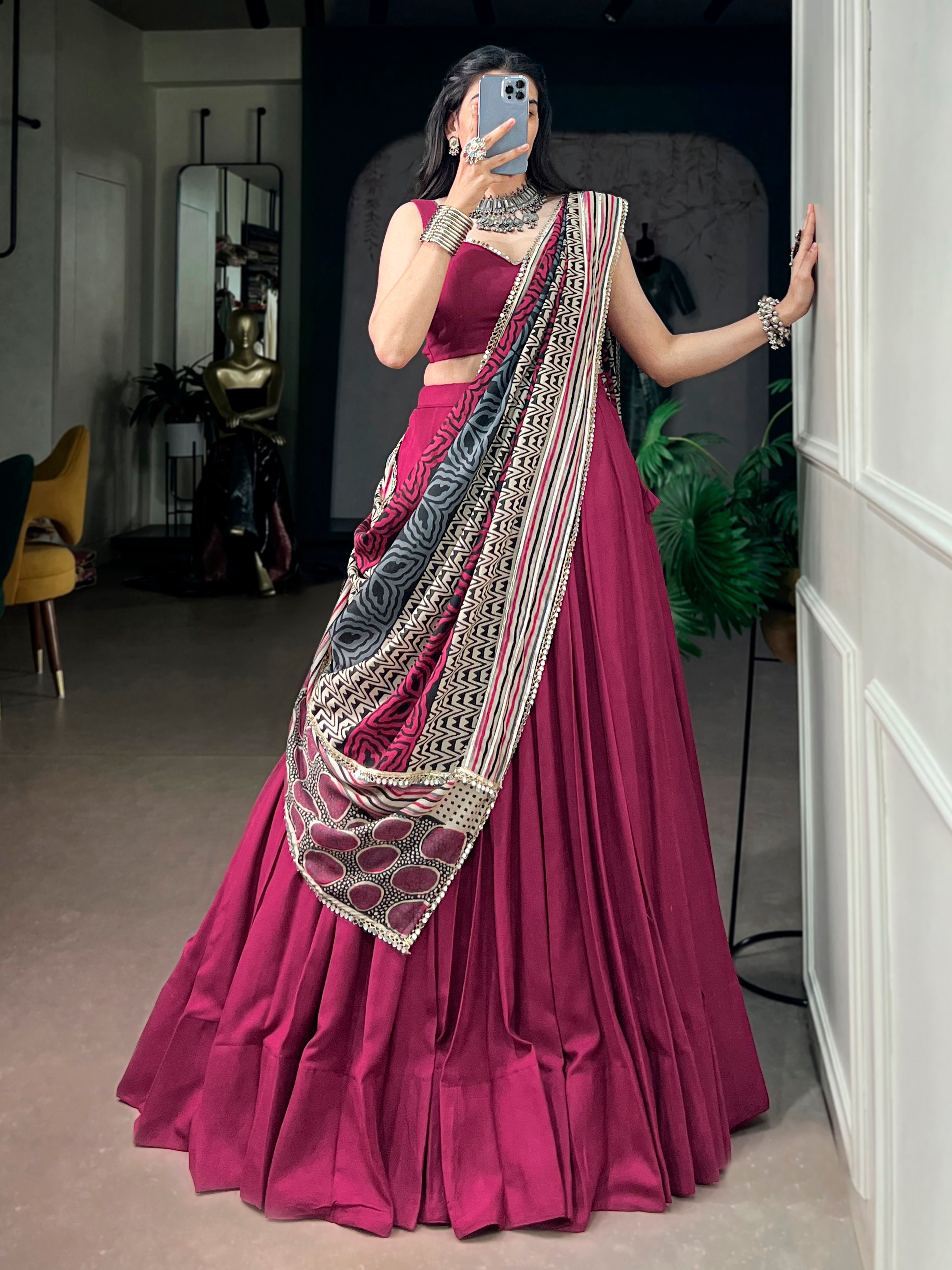 Elegant Maroon Rayon Navratri Lehenga Choli With Mirror Laced Dupatta