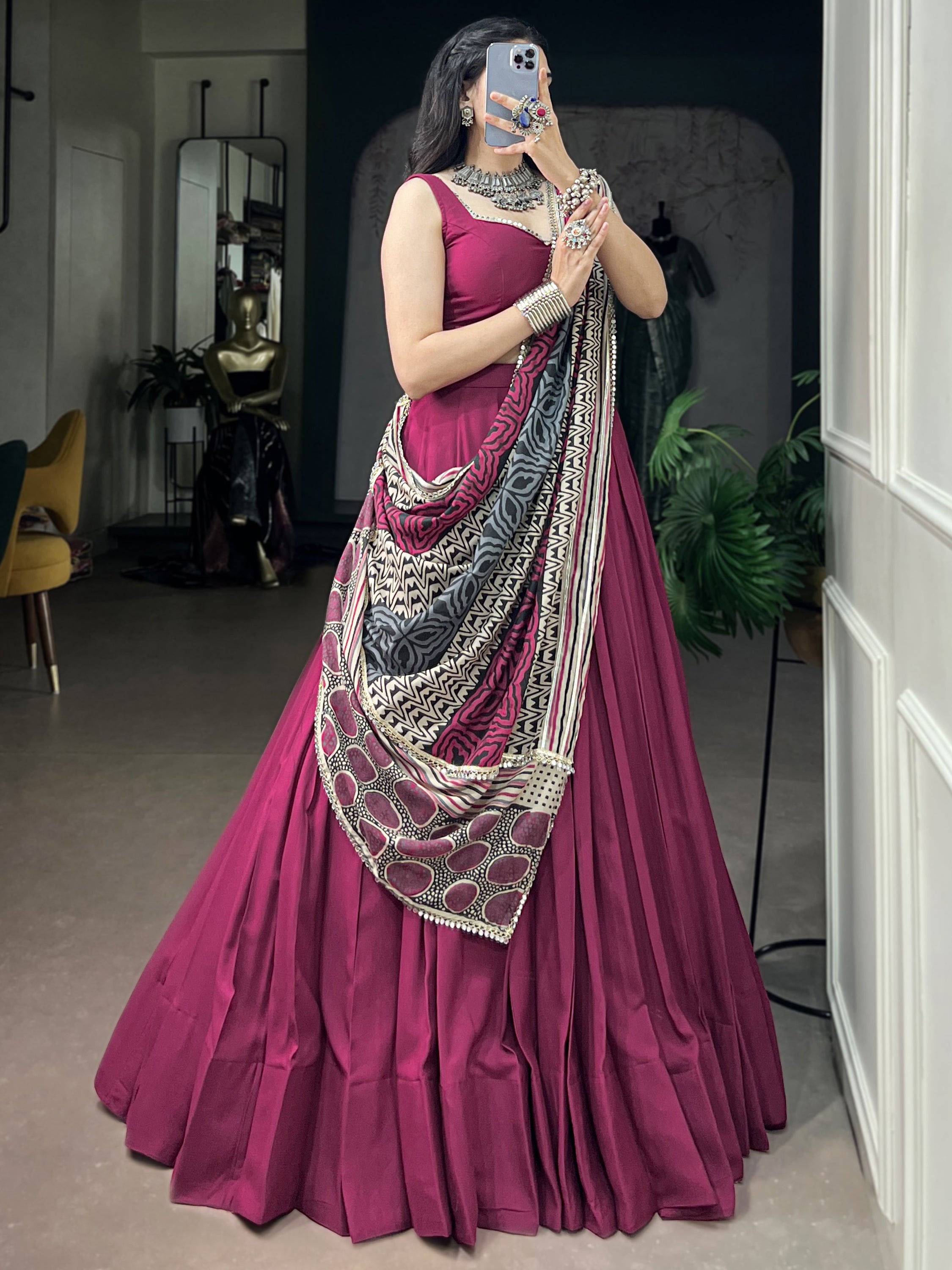 Elegant Maroon Rayon Navratri Lehenga Choli With Mirror Laced Dupatta