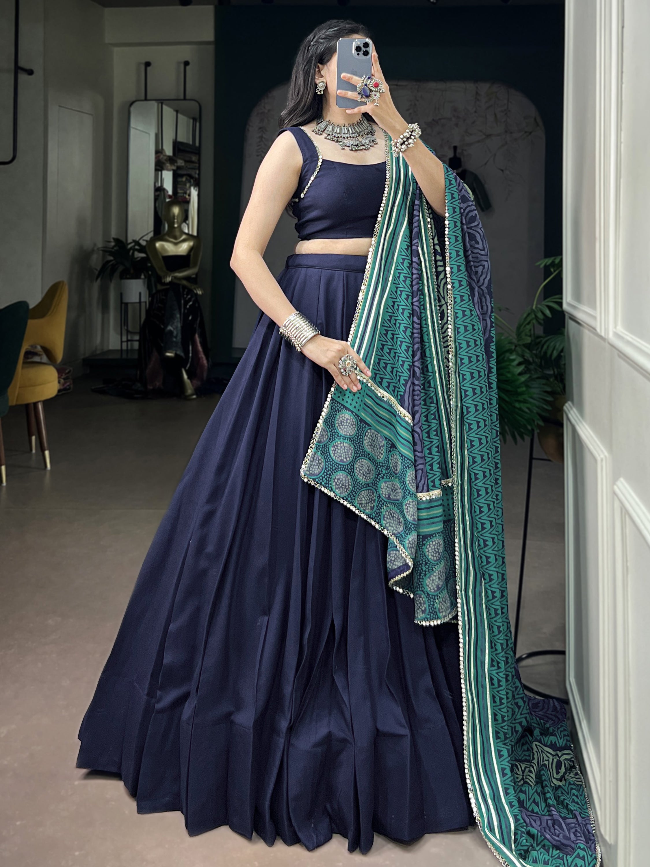 Regal Navy Blue Mirror Laced Rayon Navratri Wear Lehenga Choli