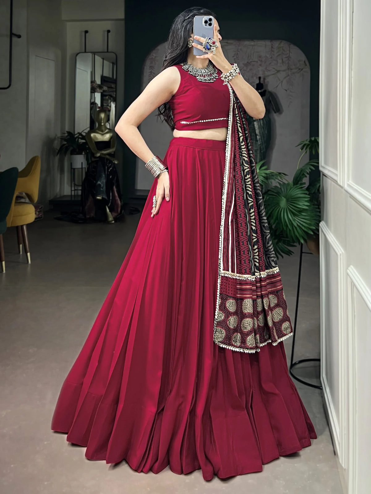 Amazing Red Rayon Navratri Wear Lehenga Choli With Printed Dupatta