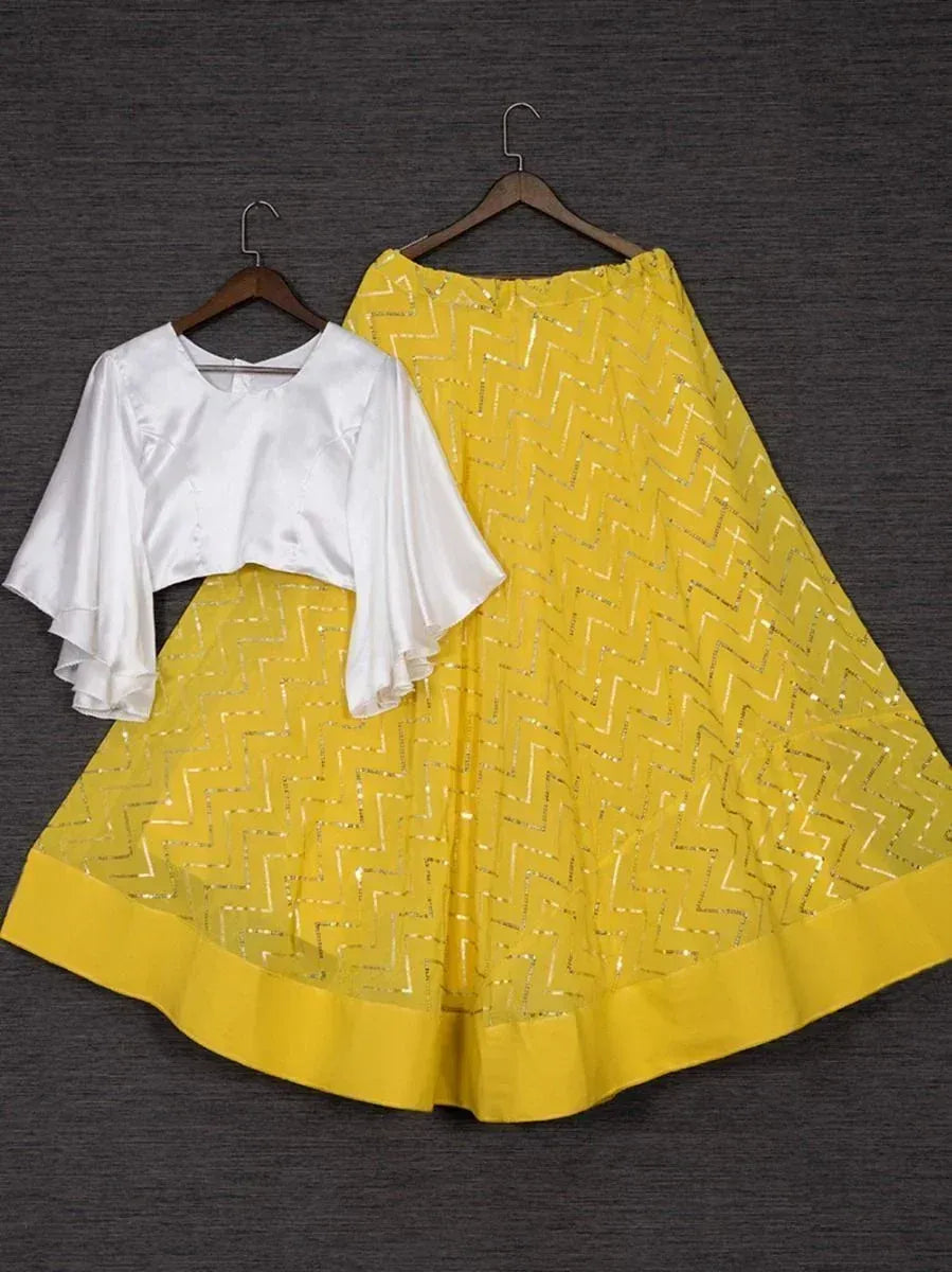 Yellow zigzag sequin lehenga with white ruffled crop top, Indian ethnic wear