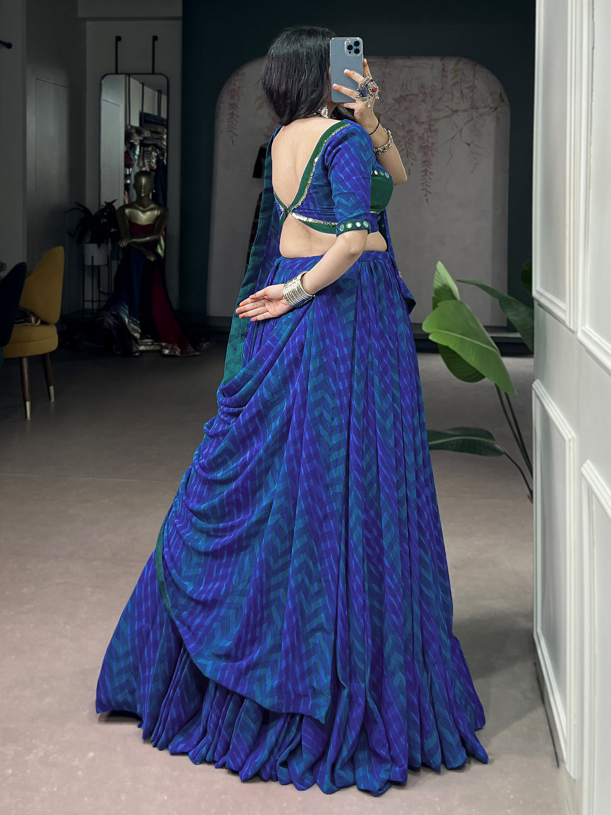 Elegant Navy Blue Digital Printed Georgette Navratri Wear Lehenga Choli