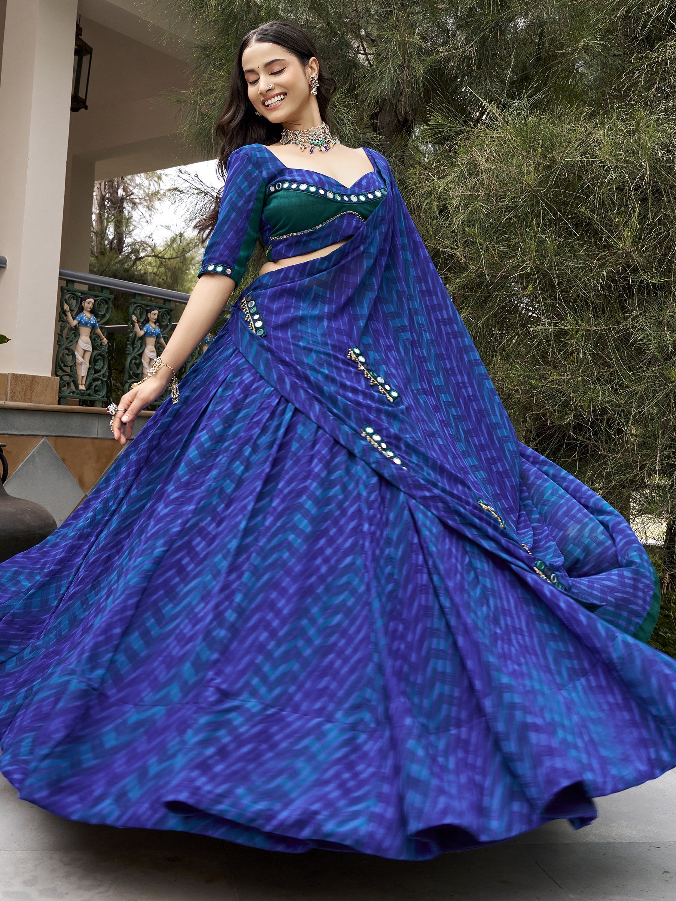 Great Navy Blue Mirror Work Georgette Navratri Special Lehenga Choli