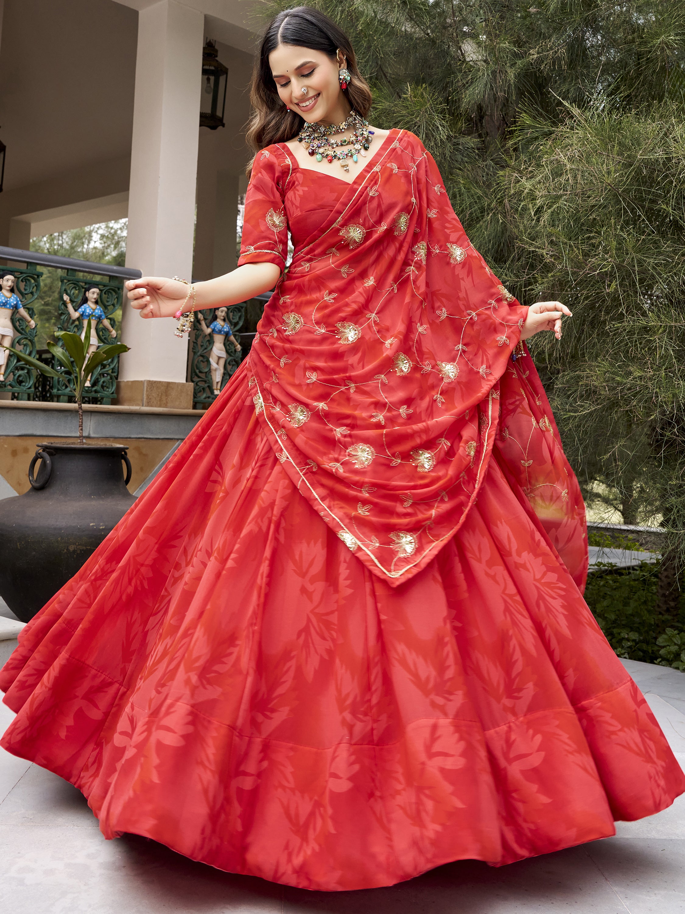 Regal Coral Red Navratri Wear Lehenga Choli With Embroidered Dupatta