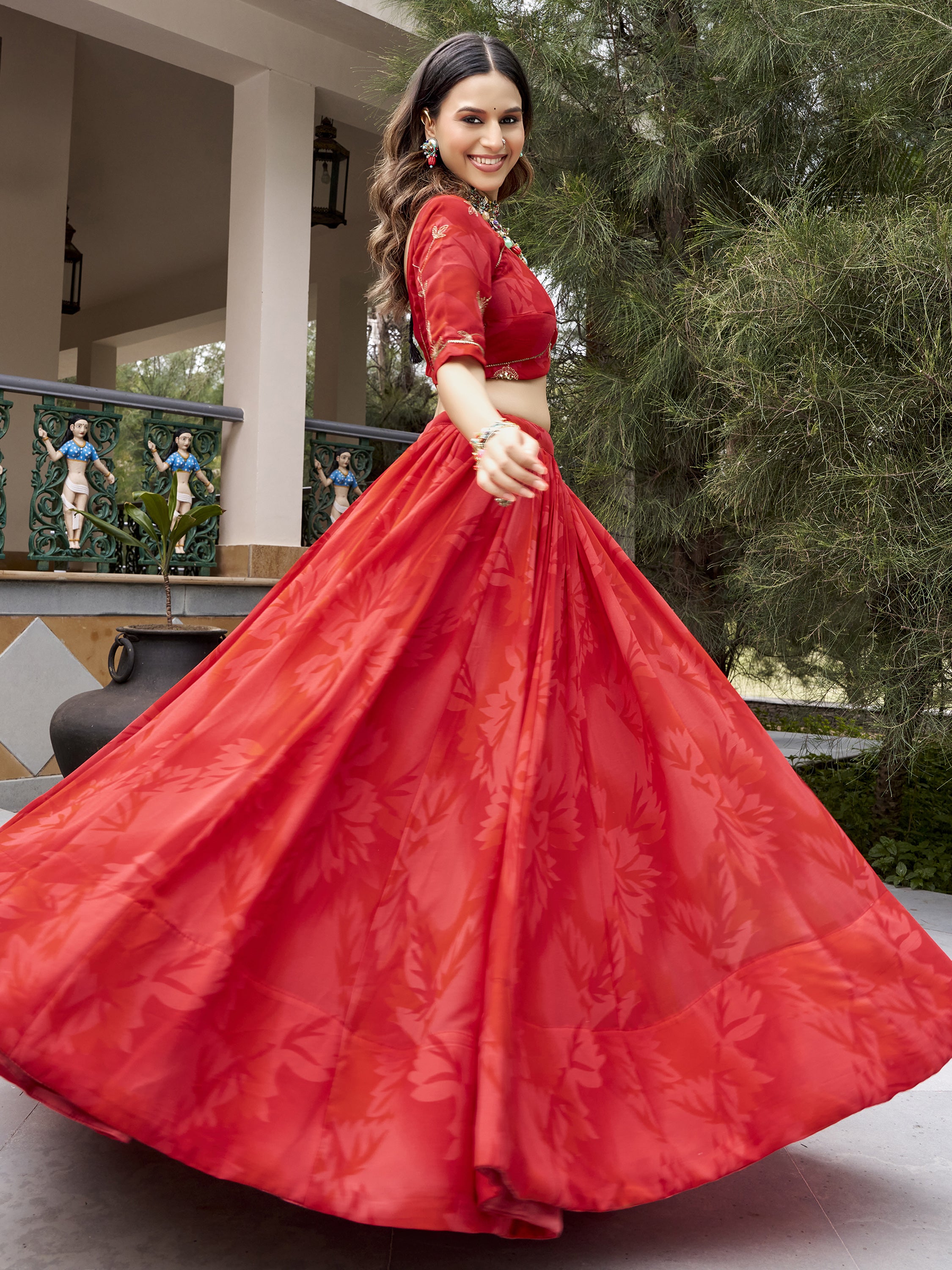Regal Coral Red Navratri Wear Lehenga Choli With Embroidered Dupatta