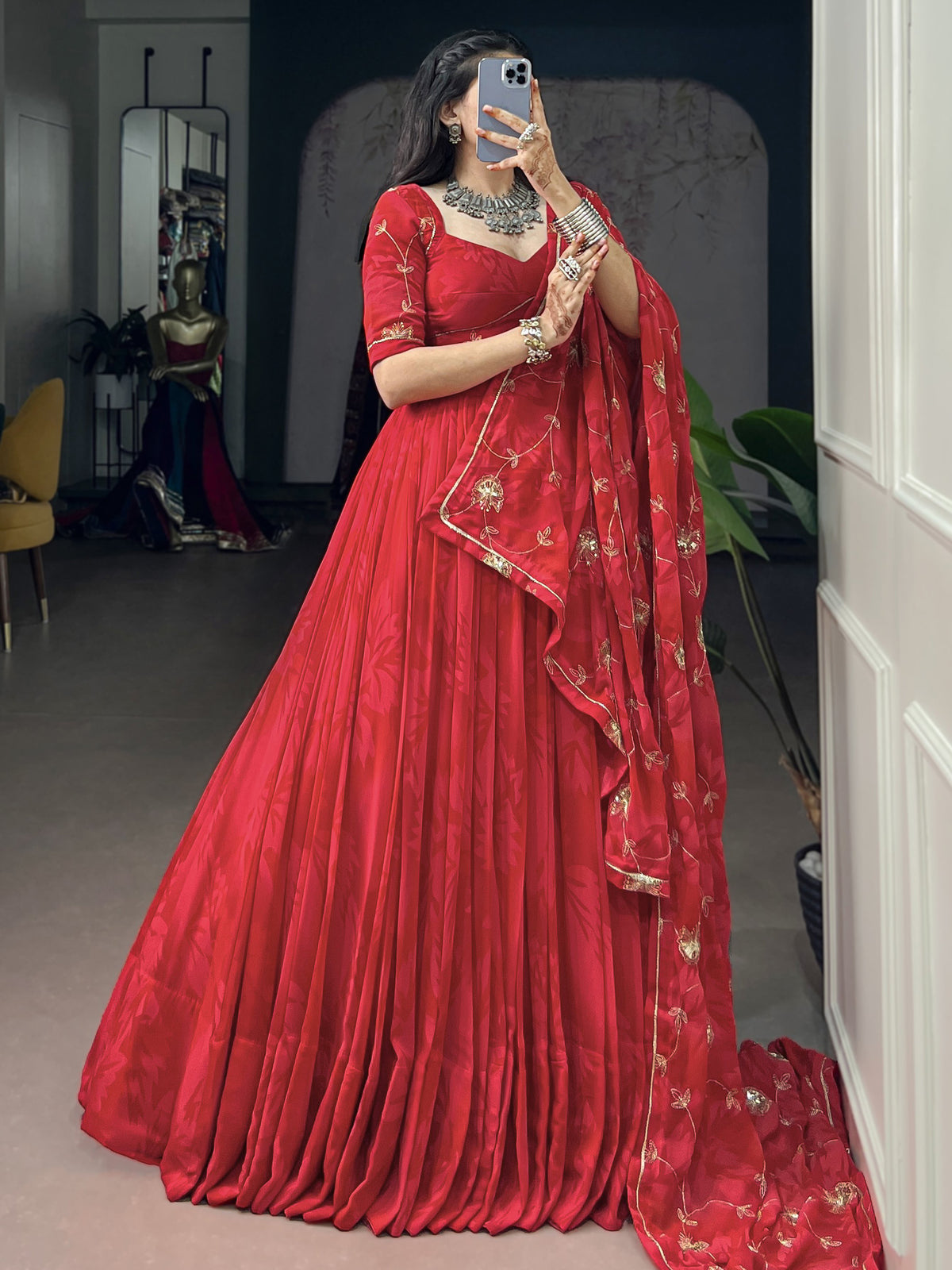 Gorgeous Coral Red Sequins Georgette Navratri Wear Lehenga Choli With Dupatta