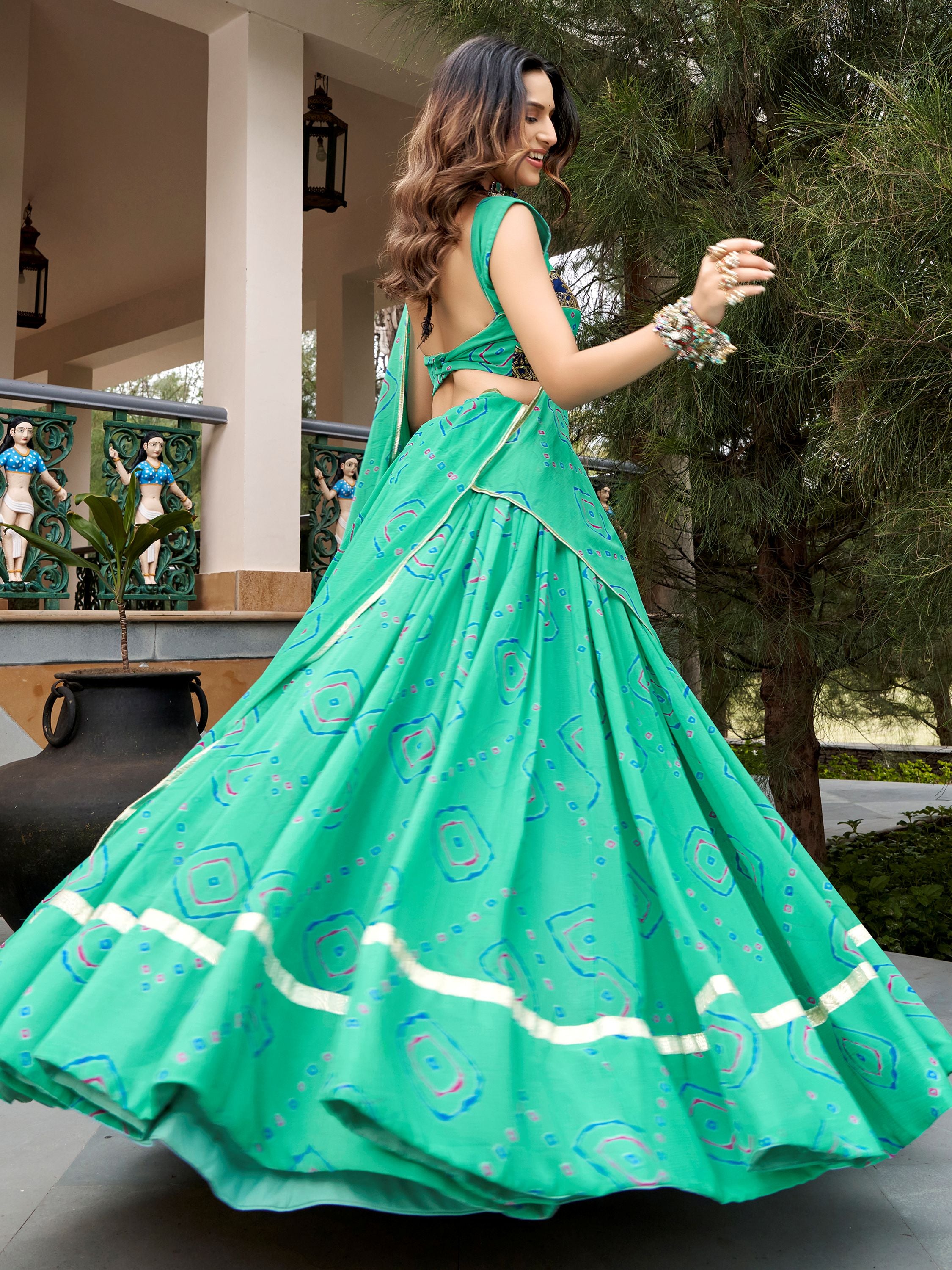 Chic Aqua Green Bandhej Printed Navratri Wear Lehenga Choli With Dupatta