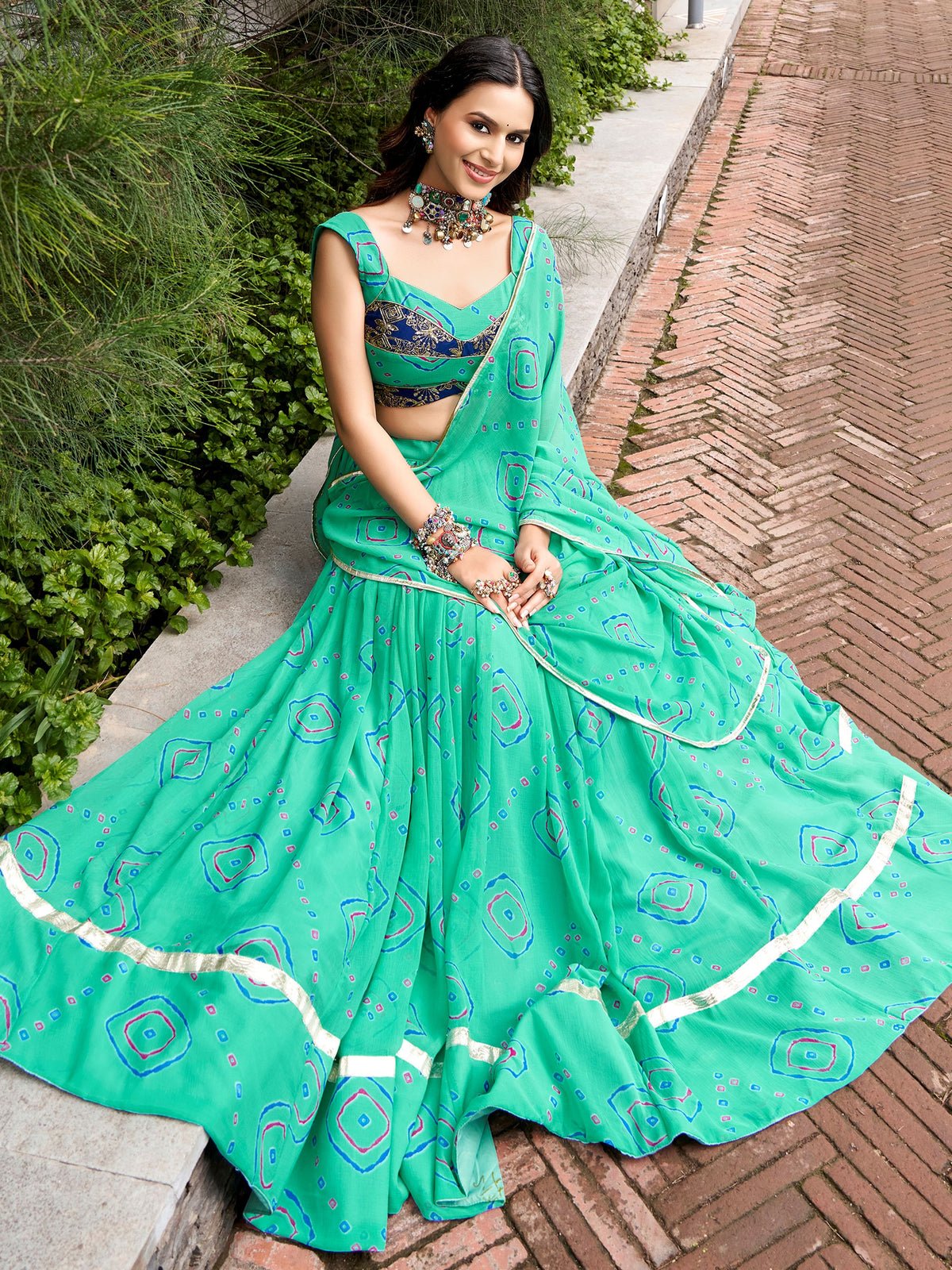 Chic Aqua Green Bandhej Printed Navratri Wear Lehenga Choli With Dupatta