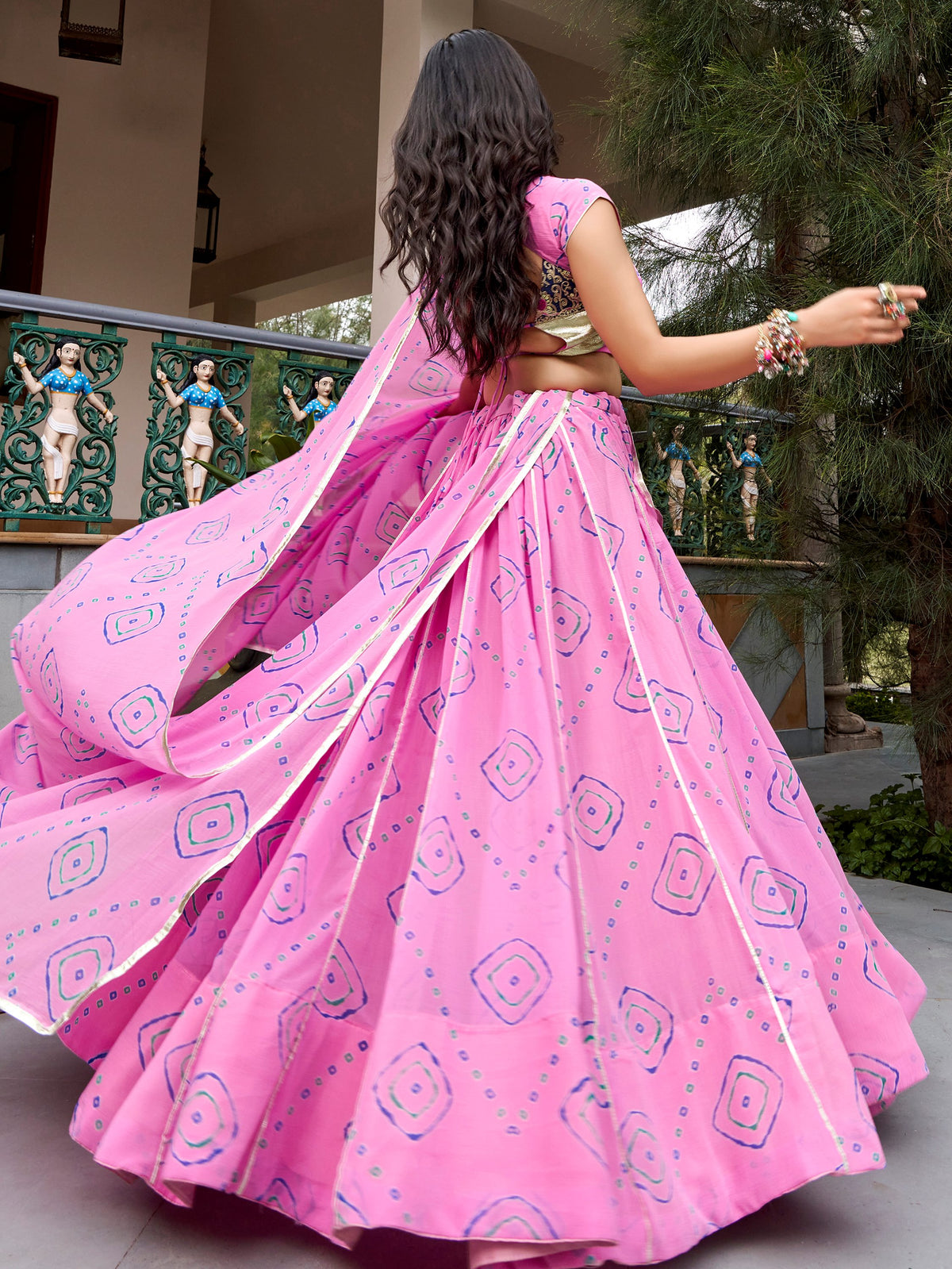 Classic Light Pink Bandhej Printed Navratri Special Lehenga Choli