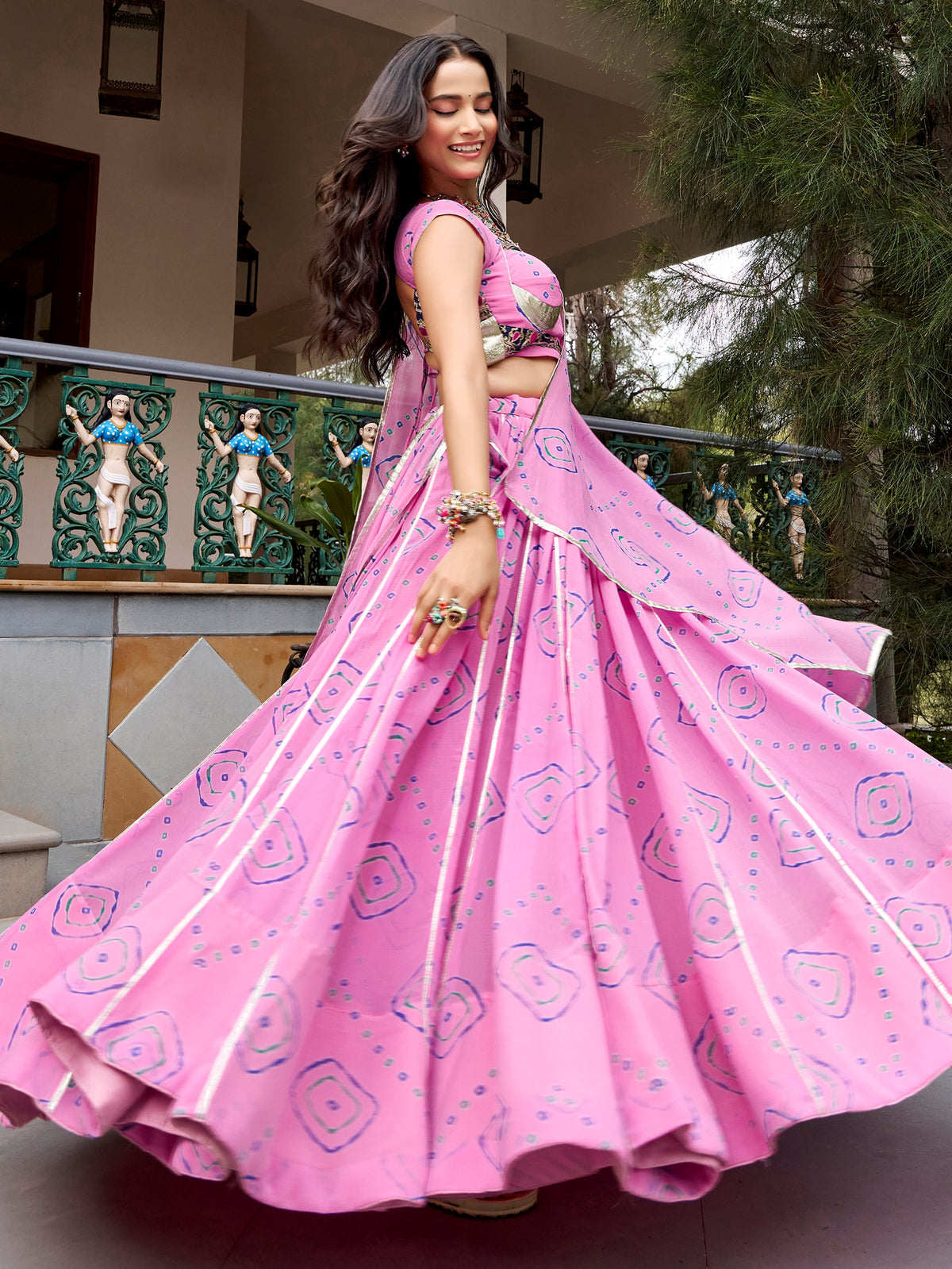 Classic Light Pink Bandhej Printed Navratri Special Lehenga Choli