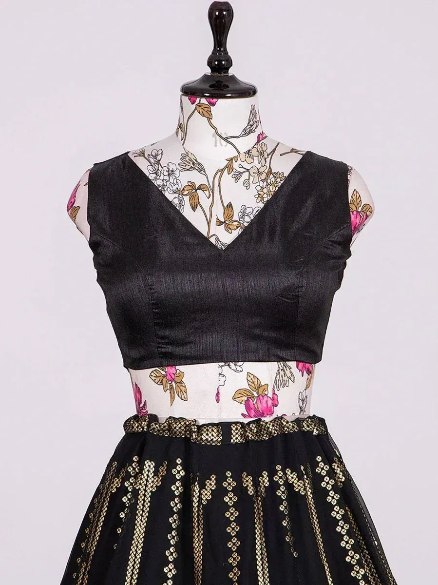 Black ethnic gown with gold embroidery and floral print, perfect for Indian occasions