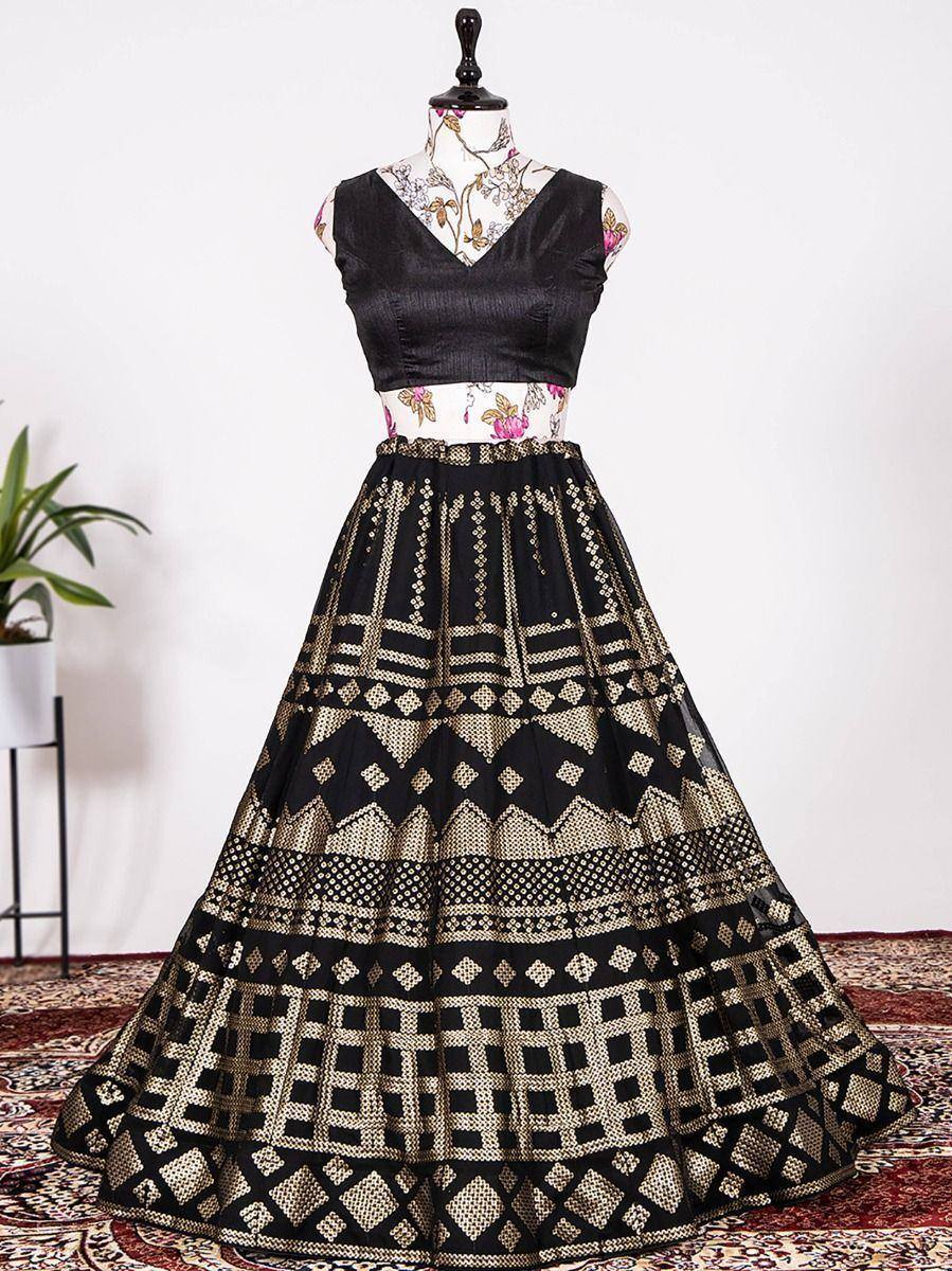 Black and gold geometric print lehenga choli with floral blouse, ethnic Indian wear