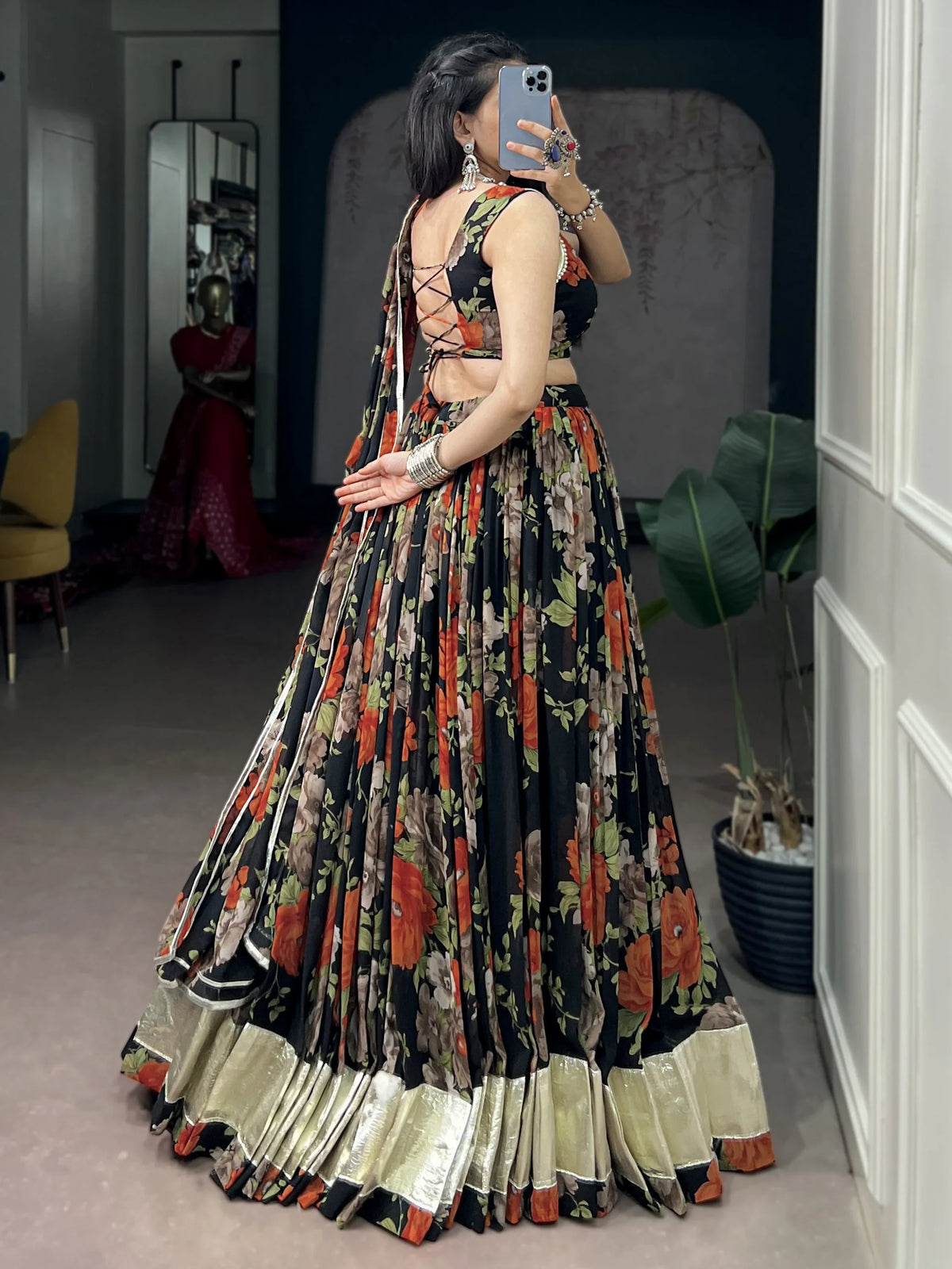 Incredible Orange Floral Printed Festive Wear Lehenga Choli With Dupatta