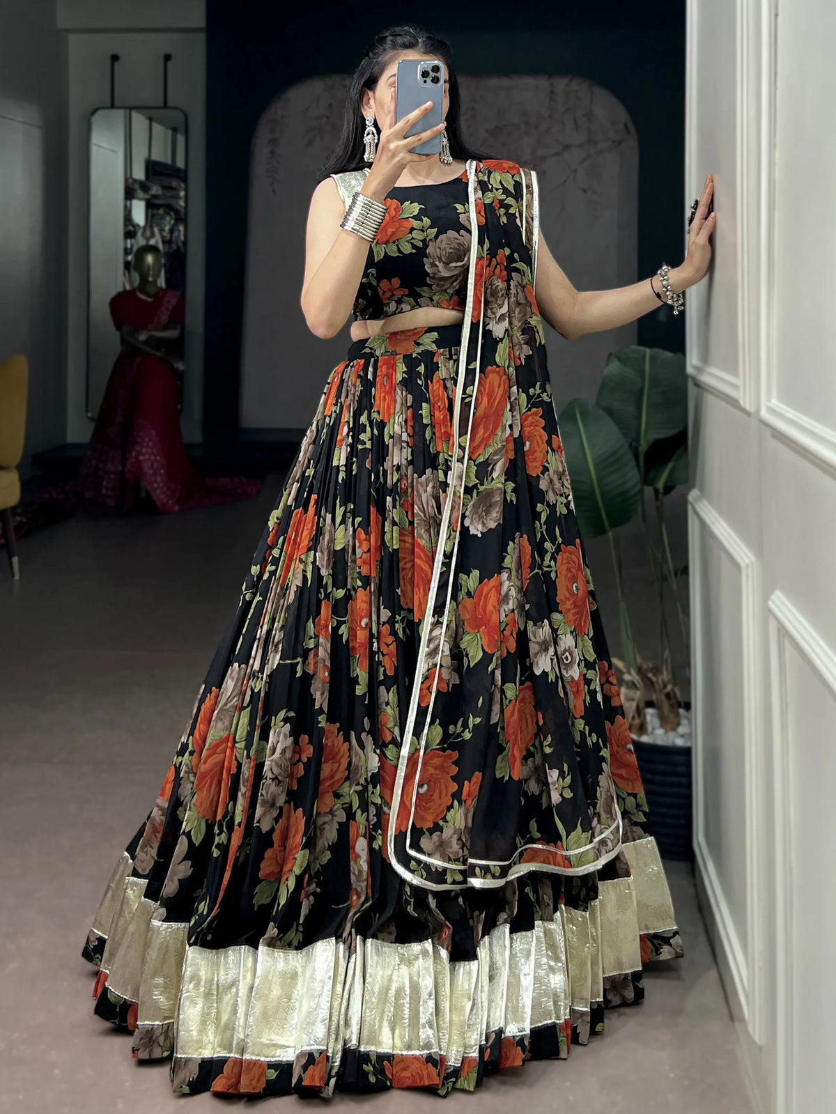 Incredible Orange Floral Printed Festive Wear Lehenga Choli With Dupatta