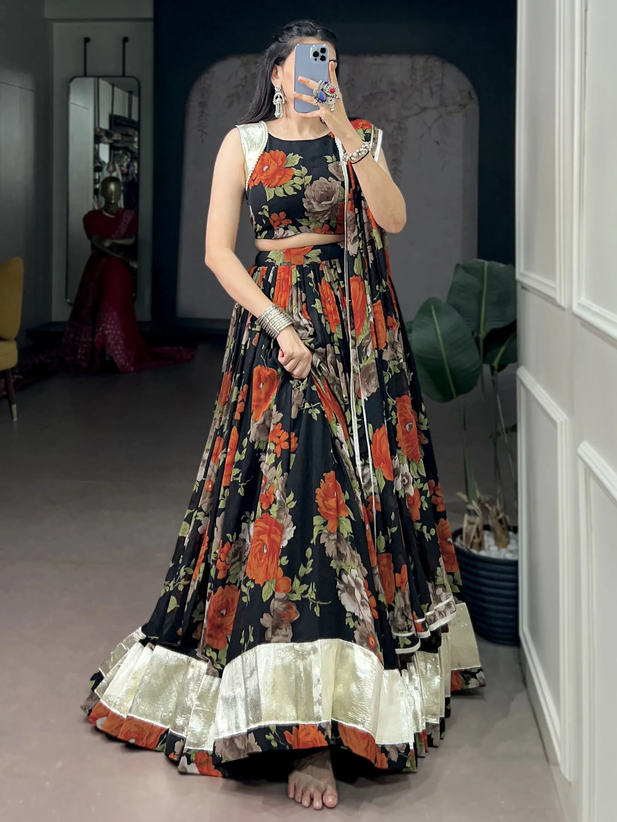 Incredible Orange Floral Printed Festive Wear Lehenga Choli With Dupatta