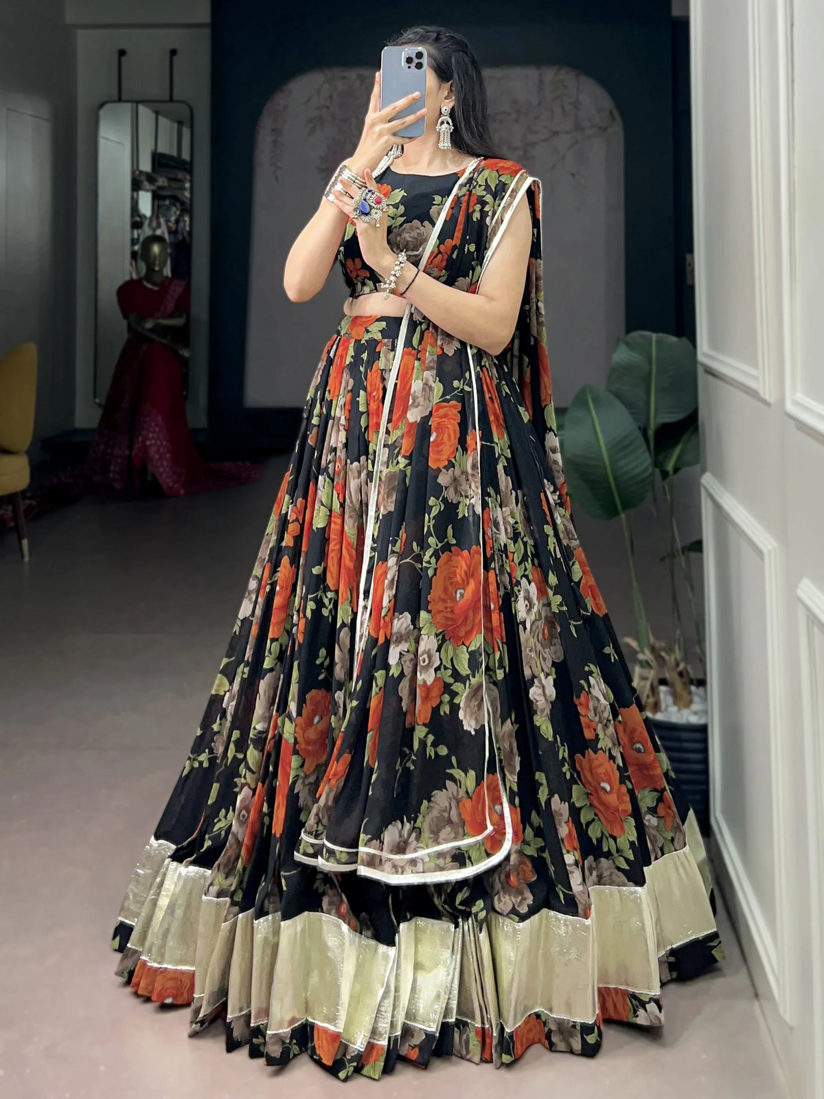 Incredible Orange Floral Printed Festive Wear Lehenga Choli With Dupatta