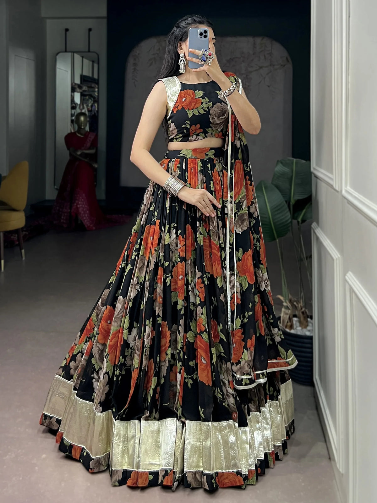 Incredible Orange Floral Printed Festive Wear Lehenga Choli With Dupatta