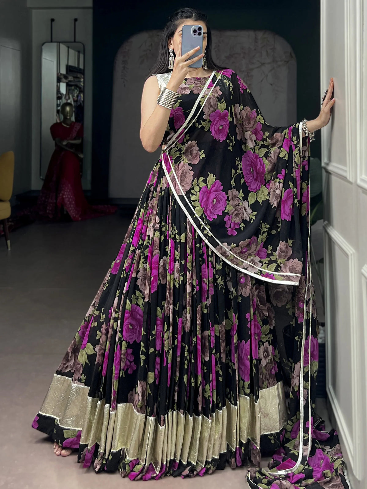 Artistic Pink Floral Printed Georgette Lehenga Choli With Dupatta