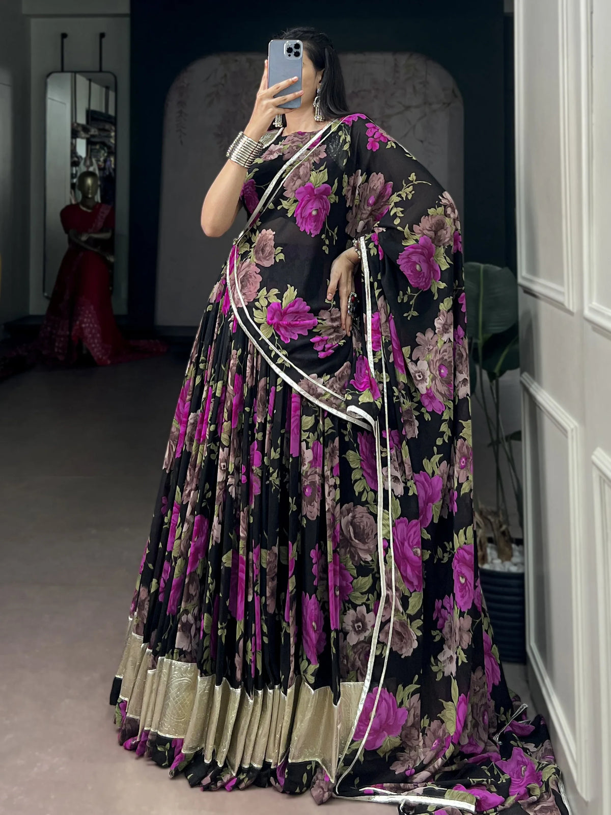 Artistic Pink Floral Printed Georgette Lehenga Choli With Dupatta