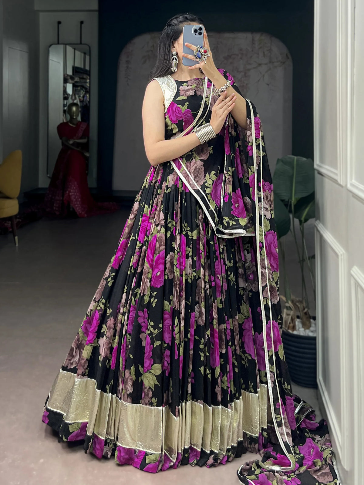 Artistic Pink Floral Printed Georgette Lehenga Choli With Dupatta