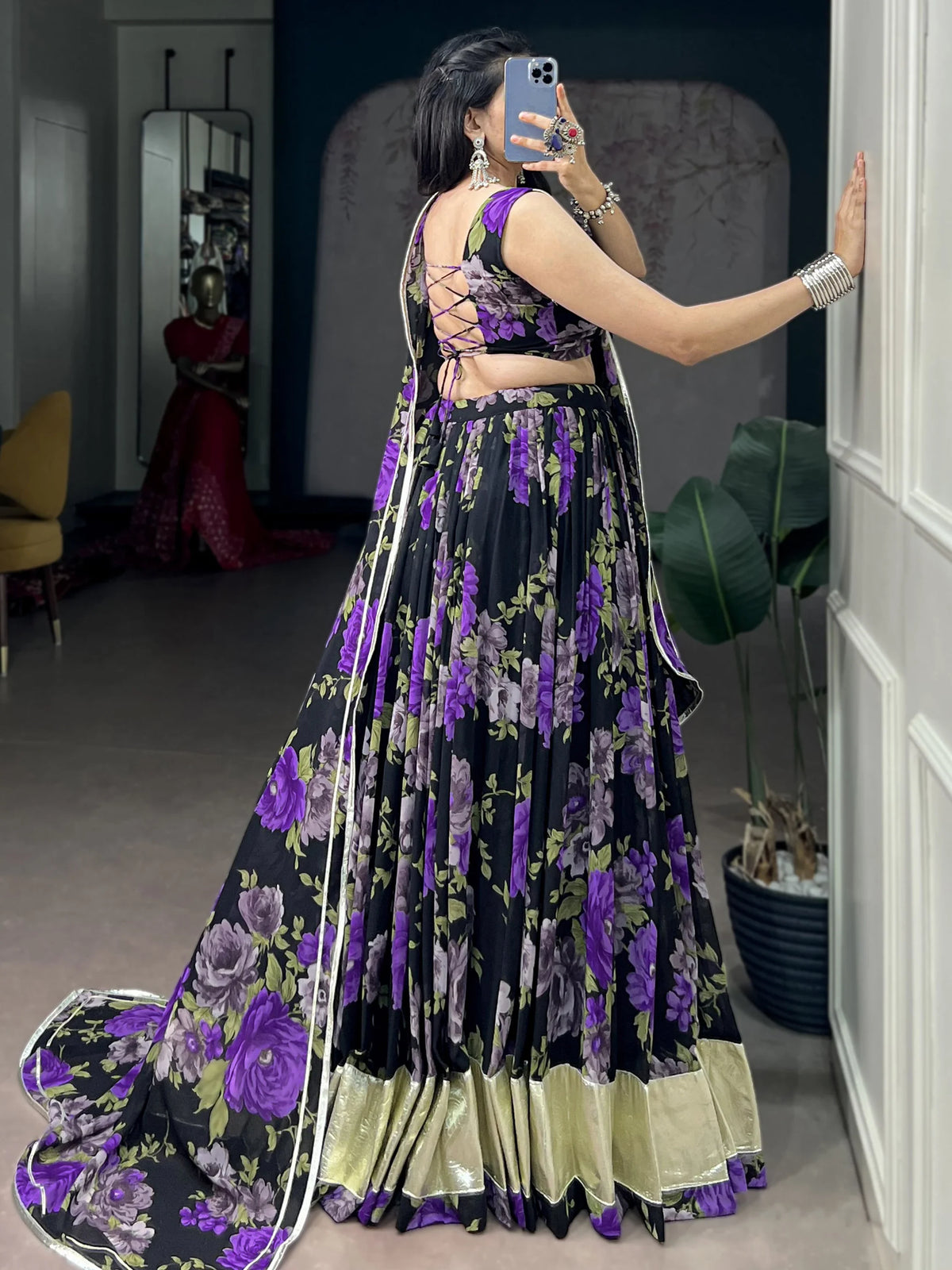 Magnetic Purple Floral Printed Georgette Traditional Lehenga With Blouse